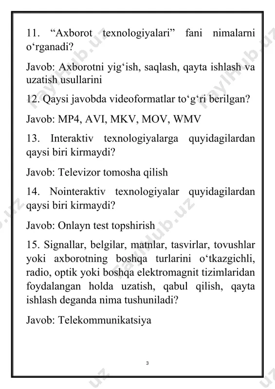 o‘ljallangan qurilmalarga qaysilar kiradi? javob: monitor, printer, dinamik 33. pusk tugmasi qaysi mеnyuni ishga tushiradi? javob: windows menyusini mantiq 1.navbatdagi figurani toping. javob: 2 2. navbatdagi figurani toping. javob: 3 3. navbatdagi figurani toping. javob: 4 4. navbatdagi figurani toping. javob: 6 5. navbatdagi figurani toping. javob: 3 6. navbatdagi figurani toping. javob: 5 7. navbatdagi figurani toping. javob: 6 8. navbatdagi figurani toping. javob: 2 9. so’roq o’rnidagi shaklini toping. javob: c milliy qonunchilik muayyan hududda ommaviy hokimiyatni amalga oshiradigan, umummajburiy normalar o'rnatadigan va suverenitetga ega bo'lgan siyosiy tashkilot to'g'ri berilgan javobni aniqlang. javob: davlat. davlat hokimiyatining oliy vakillik va qonunchilik hokimiyati organi tomonidan yoki bevosita xalqning hoxish iradasiga ko‘ra, qabul qilingan, qoida tariqasida eng muhim ijtimoiy munosabatlarni tartibga soluvchi yuridik hujjat berilgan javobni belgilang. javob: konstitutsiya. oliy yuridik kuchga ega bo‘lgan va o‘zbekiston respublikasi butun hududida qo‘llaniladigan hujjat berilgan javobni aniqlang. javob: konstitutsiya. huquqiy asoda tashkil topadigan va …