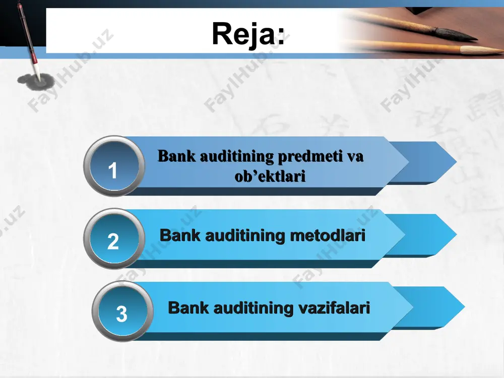oatchi-buxgalter, frantsiyada buxgalter ekspert yoki schyotlar bo’yicha komissar, germaniyada xo’jalik nazoratchisi, yoki kitoblar nazoratchisi auditorlik kasbi turli xil mamlakatlarda turlicha nomlanishi bank auditi auditning muhim bo`limi bo`lib, mustaqil nazorat qiluvchi subyekt sifatida bank tomonidan berilayotgan moliyaviy axborotlarning haqiqiyligini tasdiqlaydi. undan kutilayotgan maqsad bank faoliyatining barcha qirralari bo‘yicha axborotlarni yig‘ish va baholash‚ hisobotlarni tekshirish‚ ularning me’yoriy hujjatlarga mos ravishda bajarilgan yoki bajarilmaganligini tekshirishdan iborat. bank auditining predmeti va ob’ektlari bank auditning respublikamizda vujudga kelishi hamda keng tarqalishiga sabab, avvalo turli xil mulkchillikka asoslangan hamda tashkiliy-huquqiy shakllari turlicha bo’lgan tijorat banklarining paydo bo’lishidir. bozor iqtisodiyoti sharoitida har bir mulkdor, har bir investor o’z mablag’larining qay holatda ekanligini va ulardan qanchalik daromad topayotganligini aniqlash maqsadida auditorning xizmatiga ehtiyoj sezadi. shu boisdan auditorlik faoliyati bozor iqtisodiyotining eng muhim qismlaridan biridir. bank auditning predmeti bank auditning predmeti maxsus fan sifatida ma’lum maqsadga qaratilgan va bir qancha vazifalarni bajaradi. auditning perdmeti banklar, ularning moliyaviy faoliyatlari hisoblanadi. …