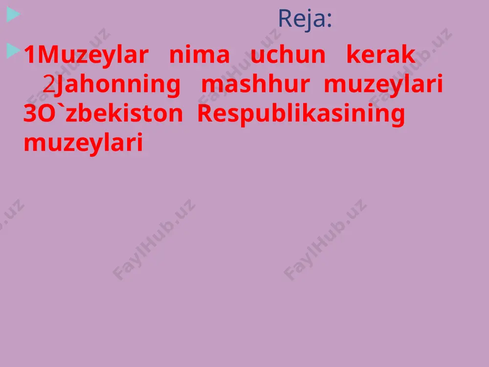 , o`zbekiston xalqlari madaniyati va san`ati tarixi muzeyi, o`zbekiston sog`liqni saqlash muzeyi kabi muzeylar faoliyat ko`rsatmoqda. birgina o`zbekiston tarixi davlat muzeyining o`zida 250 mingdan ortiq tarixiy yodgorliklar mavjud. ular xalqimizga va chet elliklarga o`zbekistonning o`tmish tarixini ko`z-ko`z qilib turadi. temurilar tarixi davlat muzeyi 1996-yilda bunyod etilgan. balandligi 31 metr bo`lgan muzey binosi uch qavatlidir. muzey ko`rgazma zalining matkazida devorga ajoyib tsviriy san`at asari ishlangan. unga “buyuk sohibqiron- buyuk bunyodkor” deb nom berilgan. asar ”tug`ilish”, “yuksalish” va “faxrlanish” nomlari bilan ataluvchi 3 qismdan iborat. tug`ilish” qismida sohibqironning (buyuk bobomiz amir temurning) tug`lishi bilan bog`liq urf- odatlar tasvirlangan. “yuksalish” qismida buyuk bobomiz hayotida doimo amal qilgan ”rost-rusti”, yani “to`g`rilik najotdir” degan shiori oltin hariflar bilan yozib qo`yilgan. shuningdek, bu qismda sohibqironning vazirlar, harbiy sarkardalar va olimlar bilan o`tkazayotgan kengashi aks ettirilgan. “faxrlanish” qismida esa amir temur va temurilar davri merosining avloddan avlodga kelayotganligi g`oyasi tasvirlangan. jahon davlaridagi muzeylar xalqaro tashkilotga birlashgan. u …