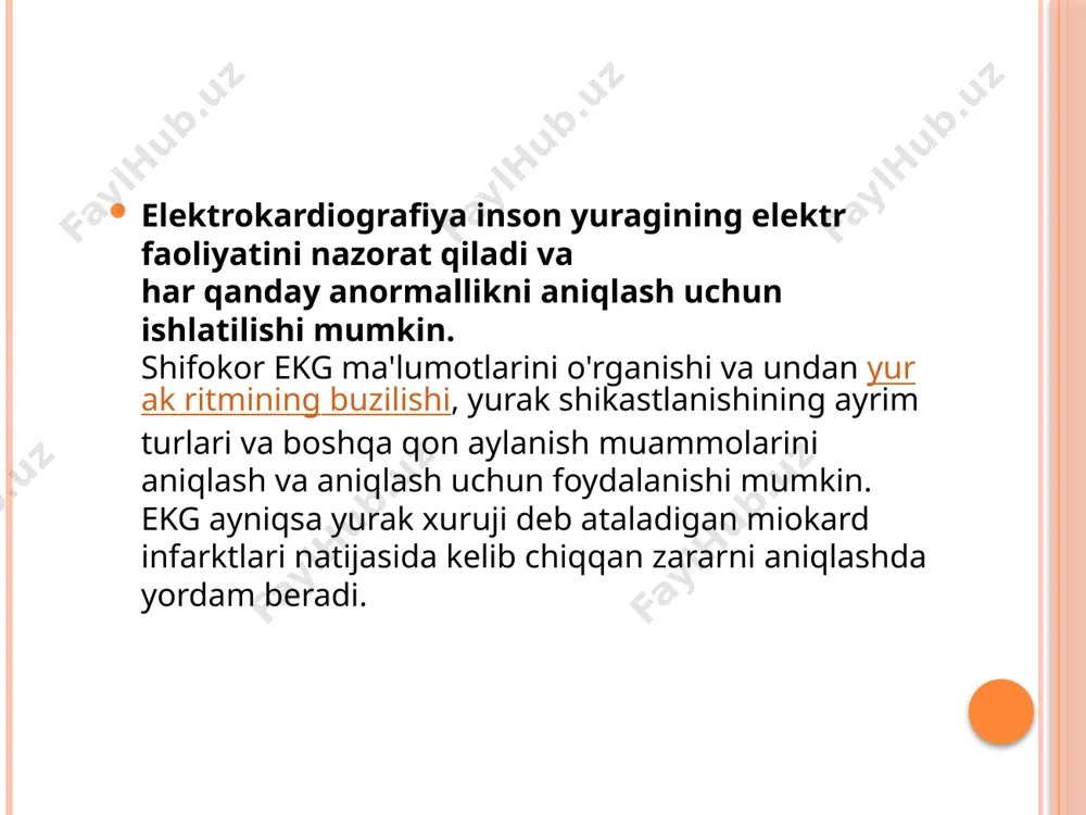 fon elektr faolligini va stimulyatsiya kabi funktsional yukga javob bo'lgan biopotentsiyalarni qayd etishga imkon beradi. elektrografik usulni tibbiy qo'llash uchun juda muhim narsa shundaki, organning bioelektrik faolligi nafaqat elektrodlarni to'g'ridan-to'g'ri qo'llanganda, balki tekshirilayotgan terining terisida ham qayd etilishi mumkin. shunday qilib, elektrografiya mavzusi to'qimalar, organlar va tizimlarning bioelektrik faolligini ko'rsatish,ro'yxatga olish va tahlil qilish masalalarini o'z ichiga oladi, ular bioelektrik jarayonlarni va ular bilan birga kelgan va aks ettiradigan fiziologik jarayonlarni o'rganish uchun amalga oshiriladi. elektrografiya texnikasini rivojlantirishdagi yutuqlar asosan elektrografik usulning rivojlanishini aniqlaydi. jarayonning hammabopligi. jarayon har qanday tibbiy markazda, xususiy yoki shaharda amalga oshirilishi mumkin. agar shifokor tomonidan yuborilgan bo’lsa, protsedura bepul. exokardiografiya uskunalari deyarli har bir shaharda mavjud. arzon narx. mrt bilan taqqoslaganda, exokardiografiya narxi past. ekg uchun narx biroz pastroq, ammo protseduraning o’zi kamroq ma’lumotga ega. tibbiy muassasaga qarab narx o’zgaradi. yuqori ma’lumotli tarkib. exokg protsedurasi juda ma’lumotga ega. ultratovush tekshiruvi yordamida nafaqat yurak urishi va …