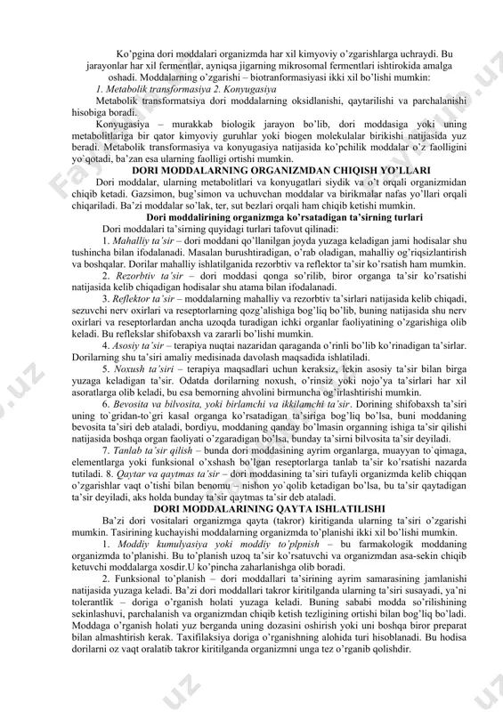 kiritish yo‘llarini, undagi so‘rilishini, taqsimlanishini, depolanishini, parchalanishini va chiqarib yuborilishini o‘rganuvchi bo‘lim hisoblanadi. farmakodinamika – bu dori moddalarining biologik samaralarini, shuningdek, ularning ta’sir mexanizmlarini va ta’sir qilish joylari (lokalizasiyasi) ni o‘rganuvchi bo‘limdir. dori vositalarni organizmga yuborish yo’llari dorilarning ta’sir qilish tezligi, kuchi va muddati ularni organizmga yuborish yo’llariga ko’p jihatdan bog’liq dir. shu bilan birga bu yo’llarning har biri o’z xususiyati bilan ajralib turadi. dorilarni organizmga yuborishning barcha yo’llari asosan 2 guruhga bo’linadi: 1. enteral yo’l (me’da – ichak yo’li orqali) 2. parenteral yo’l (me’da – ichak yo’lini chetlab) enteral yo’llar - ularga og’iz orqali, til osti, 12-barmoq ichak orqali va to`gri ichak orqali kiritish. og’iz orqali yuborish – eng ko’p tarqalgan, oson va qulay usul. bu yo’l bilan yuboriladigan dori moddalar asosan ingichka ichakda, ba’zilari me’dada so’riladi. ta’siri 15-30 min dan keyin boshlanadi, dorilar har xil o’zgarishlarga uchraydi, albatta jigar orqali o’tadi. til ostiga qo’yish – bunda dori modda …