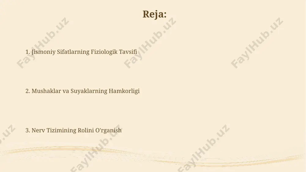 ko'ra, 0.2 sekunddan kamroq vaqt ichida miyada ishlab chiqilgan buyruqlarga bog'liq. vestibulyar apparatning, ichki quloqda joylashgan va 3 ta yarim aylana kanaldan tashkil topgan, ma'lumotlari tana holatining va boshning harakatlarining tezligini aniqlashda muhim ahamiyatga ega bo'lib, tananing muvozanatini saqlashga va harakatlarni koordinatsiya qilishga yordam beradi. endokrin tizimning ta'siri adrenokortikotrop gormon (актг) miqdori qondagi glyukoza darajasini 70-100 mg/dl oralig'ida ushlab turishda muhim rol o'ynaydi, bu esa samarqand tibbiyot instituti olimlarining kuzatuvlariga ko'ra, jismoniy chidamlilikni 15% ga oshiradi. qalqonsimon bez gormoni tiroksin (t4) organizmdagi energiya almashinuvini boshqaradi, uning yetarli miqdori mushaklarning kuchini va tezligini, andijon viloyatidagi tajribalarga ko'ra, taxminan 20% ga yaxshilaydi. chidamlilik va kuchning fiziologiyasi chidamlilik asosan anaerob va aerob energiya ishlab chiqarish tizimlarining samaradorligiga bog'liq bo'lib, maksimal kislorod iste'moli (vo2 max) ko'rsatkichi bilan o'lchanadi, masalan, tog'li hududlarda yashovchi odamlarning vo2 max ko'rsatkichi pastlikdagilarga nisbatan yuqoriroq bo'ladi. mushaklarning chidamliligi glyukogen zaxiralari miqdoriga, sut kislotasi hosil bo'lish tezligiga va yurak-qon tomir tizimining …