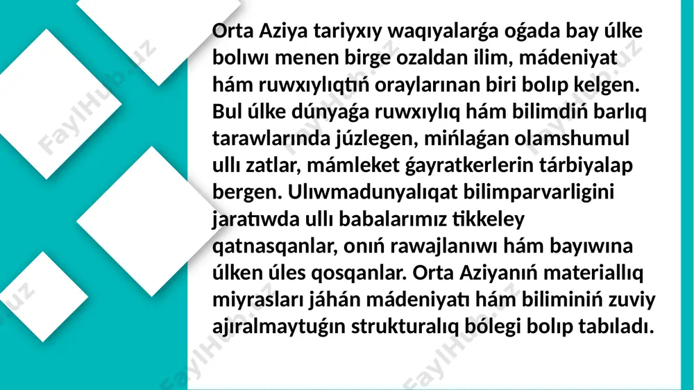 this template are free to edit the replacement and movement. the directory framework is complete in the work, you can add it to the actual. the chart type and the small chapter are the one-to-one correspondence, with very strong pertinence, i hope to add points for your presentation. orta aziyada tábiy-ilimiy oylawı rawajlandiriwdiń baslanıwı ullı oqımıslılar al-farg'oniy hám al-xorezmiylar atı menen baylanıslı. olardıń hár ikkovi da bag'doddagi " báyit-ul-hikma" dıń etakchi ılım iyesilerinen sanalgan. 1998 jılda alfarg 'oniy tuwılıwınıń 1200 jıllıǵı jurtımızda keń bayramlandi. onıń opatı 861 yil bolıp tabıladı. ol ataqlı pálekkiyotshunos alım. onıń tiykarǵı dóretpeleri " astranomiya hám astralyabiyaga kirisiw", " pálekten bolatuǵın sebepler", " astralyabiya páni usıllari", " aspan háreketleri hám juldızlar ilmi" hám basqalar bolıp tabıladı. farg'oniyning " astranomiya tiykarlari" kitapı sol dáwirdegi astranomiya salasındaǵı bilimlerdiń qomusi bolǵan. ol jaǵdayda áyyemgi astronomiyashunoslik bilimleri, onıń qaǵıydaları, usılları bayanlaingan. dóretpe xii asirdeyoq lotin tiline awdarma etilip, kóp ásirler …