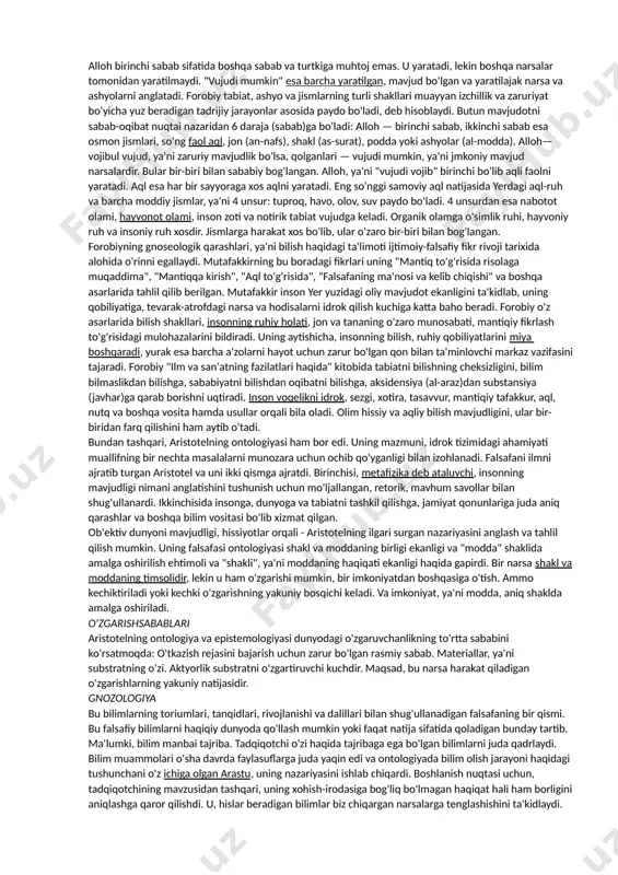 uchrashib, ulardan ilm sirlarini o'rgandi. forobiyning asosiy asarlari: "falsafani o'rganishdan oldin nimani bilish kerakligi to'g'risida", "falsafiy savollar va ularga javoblar", "ensiklopediyadan mantiq bo'limining bir qismi", "ta'liqot" (sharhlar), "inson a'zolari haqida risola", "bo'shliq haqida maqola", "donolik asoslari", "falsafaning ma'nosi va kelib chiqishi", "hayvon a'zolari, funksiyasi va potensiyasi", "mantiq to'g'risidagi risolaga muqaddima", "mantiq ilmiga kirish", "ilmlarning kelib chiqishi haqida", "musiqa haqida katta kitob", "baxt-saodatga erishuv haqida", "masalalar mohiyati", "buyuk kishilarning naqllari", "ilmlar hisobi", "hikmat ma'nolari", "aql to'g'risida", "ilmlar va san'atlar fazilati", "qonunlar haqida kitob", "substansiya haqida so'z", "falak harakatining doimiyligi haqida", "she'r va qofiyalar haqida so'z", "ritorika haqida kitob", "hajm va miqdor haqida so'z", "musiqa haqida so'z", "fizika usullari haqida kitob", "fazilatli xulqlar", "fozil shahar aholisining fikrlari", "jismlar va aksidensiyalarning ibtidosi haqida", "aristotel "metafizika" kitobining maqsadi to'g'risida" va boshqalar forobiyning asosiy asarlari: "falsafani o'rganishdan oldin nimani bilish kerakligi to'g'risida", "falsafiy savollar va ularga javoblar", "ensiklopediyadan mantiq bo'limining bir qismi", "ta'liqot" (sharhlar), "inson …