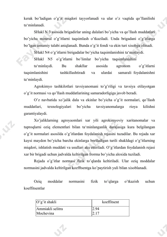 arni joylashtirish rejasi, ekin maydonlarining tuzilishi va tuproq xaritasi asosida tuziladi. azotning yillik normasi quyidagi formula yordamida aniqlanadi: (в-в)*5*100 а= ------------------- 40 bundaa-azotning biologik normasi, kg|ga в-g’o’zaning xosildorligi, ts|ga в-tuproq unumdorligi va ilgari solingan o’g’itlar xisobiga olinadigan xosildorlik ts-ga (xosildorlik gektaridan 20-30: 30-40: 40-50: 50-60 tsentner bo’lgan mos ravishda 5-10:10-12,5: 12,5-15: va 15-20 tsentner bo’ladi) 5-1ts paxta xosili olish uchun azot sarfi.kg 40-g’o’zaning azotli o’g’itdan foydalanish koeffitsenti, 100-konstanta paxtaning xosildorligi gektariga 30 ts bo’lganda azotning biologik normasi gektariga 250 kg ni a=(30-10) 12.5=250 tashkil kiladi. azotning biologik normasi aniqlangan? uni jadvalda keltirilgai tuzatish koeffitsentalri yordamida tuproq tiplari va agrotexnik fonlar bo’yicha tabaqalashtiriladi. sugoriladigan yerlarda tuproq tiplari bo’yicha azot normasini tabaqalashtirish uchun tuzilgan koeffitsentlari. yarim sahro zona tuproqlari sahro zona tuproq-lari tipik bo’z tuproq poyasi koeffi tsient och bo’z tuproq koeff itsent janubiy shimoliy chalar o’rta zona koeffi-tsent 1 2 3 5 6 7 8 tipik bo’z tuproqlar va o’tlotsi bo’z …