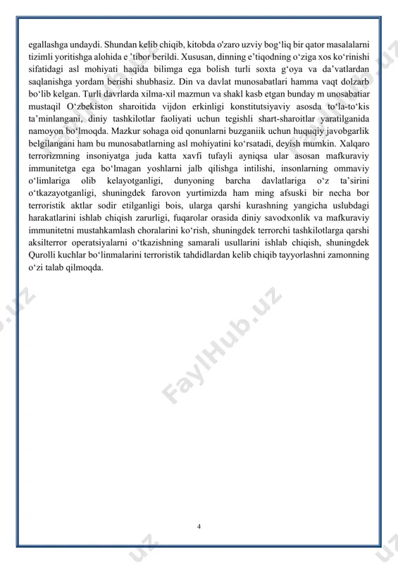 axshilikka, ezgu ishlarga chorlagan. jumladan, ota-bobolarimizning muqaddas e’tiqodi bo‘lgan islom dini ham yuksak insoniy fazilatlarning shakllanishiga xizmat qilgan. u tufayli xalqimiz ming yillar mobaynida boy ma’naviyati va merosi, o‘zligini omon saqlab keldi. shu nuqtayi nazardan qaraganda, odamlarning e’tiqodi va diniy hissiyotlaridan foydalanib, ekstremistlar va terrorchilar tomonidan islom bayrog‘i ostida sodir etilayotgan jinoyatlar ularning asl qiyofasini namoyon etmoqda deyish mumkin. ayni paytda, bunday jarayonlar kishilarni doimiy ogoh bo‘lishga, haqiqiy diniy qadriyatlarni ularning soxta va g‘arazli talqinlaridan farqlashga yordam beradigan bilimlarni egallashga undaydi. shundan kelib chiqib, kitobda o'zaro uzviy bog‘liq bir qator masalalarni tizimli yoritishga alohida e ’tibor berildi. xususan, dinning e’tiqodning o‘ziga xos ko‘rinishi sifatidagi asl mohiyati haqida bilimga ega bolish turli soxta g‘oya va da’vatlardan saqlanishga yordam berishi shubhasiz. din va davlat munosabatlari hamma vaqt dolzarb bo‘lib kelgan. turli davrlarda xilma-xil mazmun va shakl kasb etgan bunday m unosabatiar mustaqil o‘zbekiston sharoitida vijdon erkinligi konstitutsiyaviy asosda to‘la-to‘kis ta’minlangani, diniy tashkilotlar …