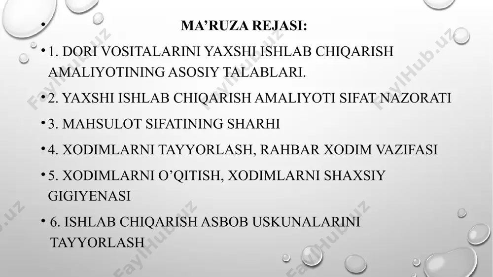 ta’minlash mazkur gmp standarti va boshqa normativ hujjatlar talablarini bajarishga asoslanadi. dori vositalarini ishlab chiqarishga mo‘ljallangan sifatni ta’minlash tizimi quyidagilarni kafolatlashi lozim ; a) dori vositalari gmp - yaxshi ishlab chiqarishning tegishli qoidalari talablarini hisobga olgan holda ishlab chiqilgan va sinovlardan o‘tganligi; b) barcha ishlab chiqarish va sifat nazorati jarayonlariga mazkur gmp standarti talablariga muvofiq keluvchi hujjatlar ishlab chiqilganligi; v) barcha xodimlarning javobgarligi va majburiyatlari aniq belgilab berilganligini; g) xom ashyo va o‘rab-joylash materiallarini belgilangan talablarga muvofiq ishlab chiqarish, etkazib berish va qo‘llashni ta’minlovchi choralar nazarda tutilganligini; d) oraliq mahsulotning barcha zarur nazorati, har qanday boshqa ishlab chiqarish nazorati va validatsiyasi o‘tkazilganligini; e) tayyor mahsulot belgilangan yo‘riqnomalarga muvofiq to‘g‘ri ishlab chiqarilgan va tekshirilganligini; j) vakolatli shaxs tomonidan chiqarishga ruxsat berilmagunga qadar dori vositalarini realizatsiya qilishga yo‘l qo‘yilmaydi. vakolatli shaxs, mahsulotning har bir seriyasi dori vositalari davlat ro‘yxatidan o‘tkazilgan vaqtida belgilangan talablarga muvofiq ishlab chiqarilganligi va tekshirilganligini tasdiqlashi lozim; z) dori …