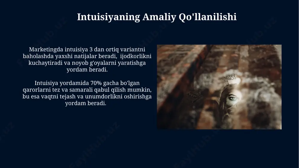 bu esa idrok tezligini va ma'lumotlarni qayta ishlashning samaradorligini oshiradi. intuisiyani rivojlantirish usullari intuisiyani rivojlantirishning samarali usullaridan biri – kundalik hayotda kamida 15 daqiqa vaqt ajratib, o'zingizning ichki ovozlaringizga diqqat bilan quloq tutish va ularni tahlil qilishdir. intuitsiya qobiliyatini 30 kunlik muntazam mashqlar orqali, masalan, tasvirlash texnikasi yordamida rivojlantirish mumkin; bu miya yarim sharlari faoliyatini muvozanatlashtiradi. muammo yechishda intuisiyaning ahamiyati intuisiya, muammolarni echish jarayonida taxminan 3-5 soniya ichida 1000 dan ortiq ma'lumotlarni qayta ishlash qobiliyatiga ega, bu esa tezkor qarorlar qabul qilishga yordam beradi. muammolarni yechishda intuitiv fikrlash 70% gacha tezroq natijalarga olib kelishi mumkin, bu esa mantiqiy tahlildan sezilarli darajada tezkor echimlarni ta'minlaydi. intuisiya va idrokning fiziologik asoslari intuisiya va idrokning fiziologik asoslari neyrotransmitterlar, jumladan, dopamin va serotonin kabi kimyoviy moddalarning miqdori va faolligi bilan chambarchas bog'liq bo'lib, ularning nomutanosibligi turli xil kognitiv buzilishlarga olib kelishi mumkin. idrok jarayonida sensorli ma'lumotlarni qayta ishlashda, miya po'stlog'ining turli sohalari, shu jumladan, …