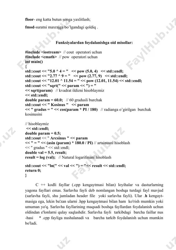 3 372 036 854 775 808 .0 / 9 223 372 036 854 775 807.0 ma'lumotni tilga kiritishning ikkita usuli mavjud: formatlangan kirish-chiqish yoki oqim. formatlangan kiritish usulida scanf operatori va ma’lumotlarni chop etish uchun printf operatorlaridan foydalanadi. operatorlarning sintaksisi quyidagicha: scanf( [, ]); printf( [, ]); format tavsifi satri oddiy belgilar, maxsus boshqaruvchi simvollar ketma-ketliklari va format xususiyatlaridan iborat. oddiy belgilar va qochish ketma-ketliklari paydo bo'lishi tartibida oddiy chiqish oqimiga ko'chiriladi. format xususiyatlari% dan boshlanadi va ko'rsatiladigan qiymat turini belgilaydigan belgi bilan tugaydi. bundan tashqari, format xususiyatlarida ko'rsatilgan qiymatning ko'rinishini boshqarish uchun belgilar va raqamlar bo'lishi mumkin (batafsil ma'lumot uchun pastga qarang). chiqish ro'yxati o'zgaruvchilardan va / yoki qiymatlari chiqarilishi kerak bo'lgan doimiylardan iborat. format spetsifikatsiyalarining soni chiqish ro'yxatida ko'rsatilgan chiqish qiymatlari soniga teng bo'lishi kerak. boshqaruv belgilar ketma-ketligi 2-jadvalda ko'rsatilgan 2-jadval. boshqaruv belgilari ketma-ketlik amal \a ovozli signal \b avvalgi belgini o'chirish \n yangi qator \r avtoulovni qaytarish …
