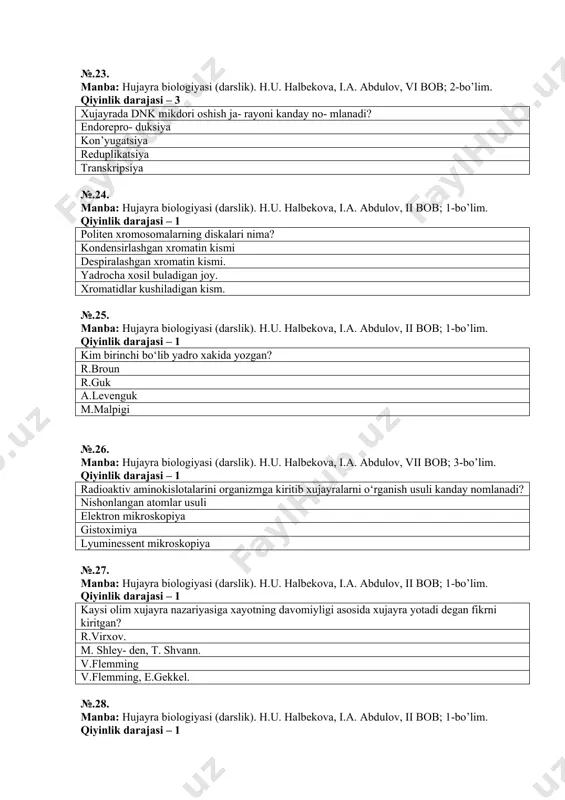 plazmalemmaning vazifalari: xujayralararo kontaktlar, transport transport, mexanik, sezgirlik transport, retseptor, xujayralararo kontakt transport, mexanik, ximoya, retseptor №.30. manba: hujayra biologiyasi (darslik). h.u. halbekova, i.a. abdulov, vi bob; 2-bo’lim. qiyinlik darajasi – 1 ion va moddalarning plazmatik membrana orkali konsentratsiya gradientiga karshi utishi qanday nomlanadi? aktiv transport osmos fagotsitoz ekzotsitoz №.31. manba: hujayra biologiyasi (darslik). h.u. halbekova, i.a. abdulov, ii bob; 1-bo’lim. qiyinlik darajasi – 1 o‘simliklarda xujayralararo boglanish sitoplazmatik kanalcha sifatida kanday nomlanadi? plazmodesma tirkishsimon kontakt desmosoma tishsimon kontakt №.32. manba: hujayra biologiyasi (darslik). h.u. halbekova, i.a. abdulov, ii bob; 1-bo’lim. qiyinlik darajasi – 1 usimlik va prokariot xujayralarda ustki membrana strukturasi kanday ataladi? xujayra devori. zich plastinka urta plastinka glikokaliks №.33. manba: hujayra biologiyasi (darslik). h.u. halbekova, i.a. abdulov, iii bob; 1-bo’lim. qiyinlik darajasi – 1 ergastogplazma nima? ept ning zich joylashgan membranalar yigindisi ept ning siyrak joylashgan mem- branalari goldji apparatining proksimal kismi goldji apparata ning distal kismi …