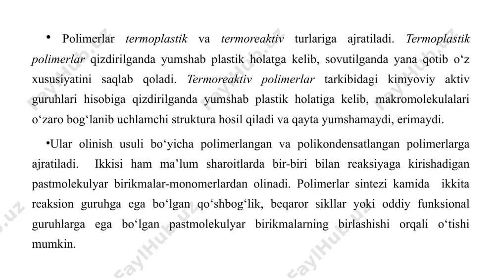 alanish reaksiyasini kamaytirish maqsadida polimerlanish jarayonini inert gazlar (geliy va argon) muhitida olib boriladi. polikondensatlanish jarayonining oxirida hosil bo‘lgan mahsulotni quyi molekulyar moddalardan tozalash maqsadida, reaksiya mahsuloti vakuumda ma’lum vaqt oralig‘ida ushlab turiladi. shu usulda olingan polimerlar maydalanib, qayta ishlash uchun tayyor qilib qo‘yiladi. 2. polikondensatlanish jarayoni monomerlar eritmasida olib boriladi, bu jarayon haroratni pasaytirishga imkon beradi. buning uchun erituvchi sifatida, ikkala monomer eriydigan erituvchi tanlab olinadi. 3. jarayonni bir-biri bilan aralashmaydigan ikkita faza chegarasida olib borib, poliamidlar, poliefirlar, poliuretanlar olinadi. ikkala faza chegarasida polimer plyonka holida hosil bo‘ladi va doimo faza chegarasida ajratib olinadi. bu usul bilan olinadigan polimerlarning molekulyar massasi polikondensatlanish jarayonini boshqa usullari bilan olingan polimerlarning molekulyar massasidan doimo farq qiladi. 4. monomerlarni qattiq holatda polikondensatlanish usuli hozirgi paytgacha kam o‘rganilgan. shunga qaramasdan, bu usul bilan suyuqlantirish haroratiga yetmasdan parchalanadigan monomerlardan polimerlar olish qo‘llaniladi. polikondensatlanish–polimerlarni bosqichma-bosqich past molekulyar mahsulotlar–suv, spirt, uglerod (iv) oksidi, ammiak ajratib chiqaradigan jarayon …