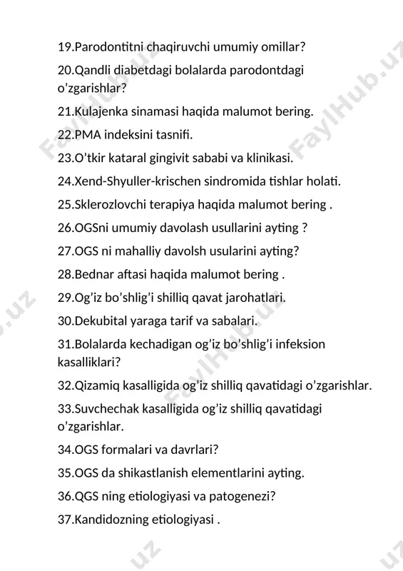 . 42.atrofik gingivit sababi va klinikasi. 43.parodontitda milk cho’ntagi yallig’lanish darajalari. 44.bolalarda og’iz shilliq qavat epiteliysi necha qavatdan iborat? 45.og’iz bo’shlig’i shilliq qavat kasalliklari klassifikatsiyasi. 46.og’iz bo’shlig’ida regeneratsiyani kuchartiruvchi preparatlar? 47.bobshq kasalliklarida qullanadigan antiseptic vositalar. 48.bobshq kasalliklarida og’riqsizlantirish usuli. 49.gingivitlarni umumiy davolash usullari. 50.reografiya usuli haqida malumot bering .