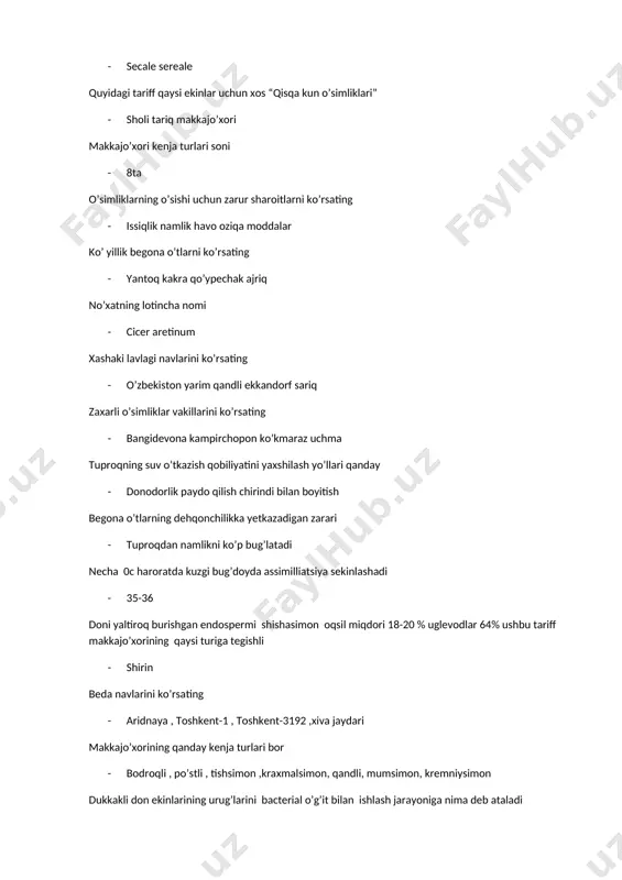 ng tipikligi urug’larning nav tozaligi , urug,larning reproduksiyasi dunyo dehqonchiligida qancha don hosili olingan · 704,8 mln tonna ham kuzda ham bahorda ekiladigan o’simlik nima deb nomlanadi · duvorak kelib chiqishiga ko’ra loviya nechta turga bo’linadi · 2 sholining poyasi qanday tuzilgan · poyasi kovak poxolpoya oq jo’xori butun o’suv davri davomida qancha foydali haroratni talab qiladi · 2250- 2500 loviyani don hosilini bir vaqtda yig’ishtiriladimi · yo’q dukkakli don ekinlarining ildizi qanday tuzilishga ega · o’q sholini ekish usulllarini ko’rsating · tor qatorlab qatorlab ,sochib ekish ,ko’chat usulida oddiy tariqning nechta kenja turi bor · 5 makkajo’xori donining ishlatilishi tog’ri keltirilgan qatorni belgilang · oziq ovqatda -20%,texnikaviy15-20%,yem-xashak 60-65% yirik donli makkajo’xori 1000ta donining vazni · 300-400gr makkajo’xorining bitta so’tasida o’rtacha nechta don hosil bo’ladi · 500-600 burchoq qaysi avlodga kiradi · lathyrus l. sholi navlarining vegetatsiya davri necha kunga teng · 90-140 kun o’simliklarning ko’tarilib qolishi asosan qaysi yerlarda …