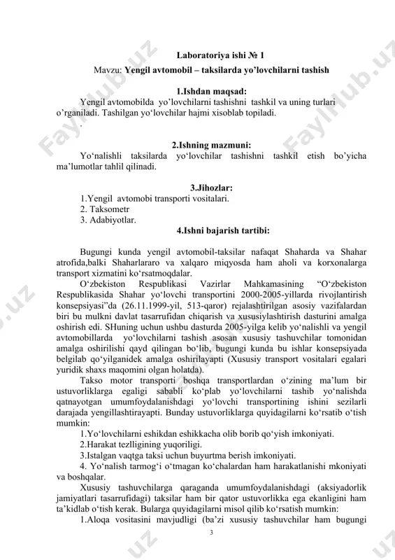 uzluksiz xizmat ko‘rsata olish. 5.harakat xavfsizligi bilan bog‘liq bo‘lgan masalalarni hal etishning nisbatan osonligi va boshqalar. yo‘lovchilar tashish bo‘yicha tadbirkorlik bilan shug‘ullanuvchi xususiy tashuvchilar faoliyatini nazorat etishning murakkabligi bir qancha salbiy oqibatlarga olib kelishi mumkin. bunday salbiy oqibatlarga haydovchilarning mehnatini va dam olishini nazorat qilinmasligi, transport vositasining texnik holatini nazorat qilish haydovchining o‘ziga yuklatilganligi, ishga chiqishdan oldin haydovchining tibbiy ko‘rikdan o‘tmasligi va bularning oqibatida haydovchilar aybi bilan sodir etilayotgan yo‘l-transport hodisalari miqdorining ortib ketishi, ularda halok bo‘layotgan va har xil darajada tanjarohati olayotgan odamlar sonining ortib ketishiga olib keladi. avtomobil transportida yo‘lovchilar tashish faoliyatini tartibga solish, fuqarolarning hayoti, sog‘ligi va xavfsizligini ta’minlash hamda transport xizmatlari sifatini oshirish maqsadida o‘zbekisiton respublikasi prezidentining 2006-yil 9-martdagi 303 –sonli qarori e’lon qilindi. ushbu qarorga ko‘ra 2006-yil 1 iyudan boshlab avtomobil transportida yo‘lovchilarni shahar, shahar atrofi, shaharlararo, xalqaro yo‘nalishlarda tijorat asosida tashish faoliyati faqat yuridik shaxslar tomonidan amalga oshirilishiga ruxsat beriladi. bugungi kunda yaqqola tartibda …