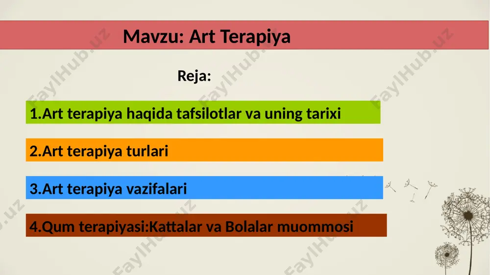 terapiyasi 5 tor maʼnoda aytadigan boʻlsak, art-terapiya — bu tasviriy sanʼatga asoslangan chizma terapiyasi (izoterapiya). oʻqish va ijtimoiy moslashishda qiyinchiliklarga duch kelgan bolalar va oʻsmirlar orasida nevrotik va psixosomatik kasalliklarni aniqlash va tuzatish uchun mashhurdir. bu jarayon rasm chizgan insonning hissiy holatini ifodalaydi. biblioterapiya (shu jumladan ertak terapiyasi) — badiiy kompozitsiya va badiiy asarlarni ijodiy oʻqish yoki yaratish. raqs-harakat terapiyasi (rht) — bu psixoterapiya yoʻnalishi boʻlib, unda raqs va harakat shaxsning hissiy va jismoniy integratsiyasini ragʻbatlantiradigan jarayon sifatida ishlatiladi. fototerapiya -art-terapiya usullaridan biridir. ushbu atama fotosuratni terapevtik va korreksion maqsadda qoʻllash, uni psixologik muammolarni hal qilish uchun ishlatish, shuningdek shaxsni rivojlantirish va uygʻunlashtirish bilan bogʻliq psixotexnika toʻplamini anglatadi. fototerapiya art-terapiyaning nisbatan yangi turi boʻlib, uni qoʻllash 1970-yillarda aqsh va kanadada boshlangan.musiqa terapiya "atamasi yunon-lotin tilidan kelib chiqqan va tarjimada"musiqa bilan davolash" degan maʼnoni anglatadi. „musiqa terapiya“ tushunchasining koʻplab taʼriflari mavjud. olimlarning katta qismi musiqa terapiyasini psixoterapiyaning yordamchi vositasi, bemorlarni murakkab …