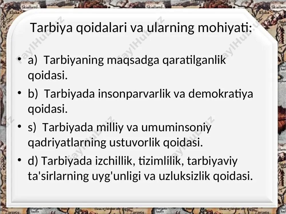 iqishlardan yuqori qo'yish, tarbiyachi va tarbiyalanuvchilar o'rtasida o'zaro ishonch, hamkorlik asosida pedagogik munosabatlar mohiyatini o'zgartirish demakdir. o'qituvchi o'quvchiga avvalgidek tarbiya obyekti emas, xuddi o'zi kabi subyekt deb qarashi darkor. tarbiyaviy faoliyatni demokratiyalash va insonparvarlashtirish uning mohiyatini va mazmunini qayta tafakkur etishni ko’zda tutadi. shaxsning rivojlanishi va o'zligini anglashni ta'minlaydi. tarbiyada milliy va umuminsoniy qadriyatlarning ustuvorligi qoidasi. o'quvchilarni vatanimiz qadriyatlari, boy madaniyati bilan tanislitirish, madaniy va diniy bilimlarini egallashga bo'lgan talablarini shakllantirish malakalarini oshirib, tobora boyitish, estetik tushunchalarni shakllantirish juda muhim. xalqimizning ko'p asrlik qadriyatlarini, ulkan, boy va madaniy merosini chuqur bilmasdan, milliy o'zlikni anglash, milliy g'urur tuyg'usini qaror toptirish mumkin emas. u yaratgan madaniy boyliklar yoshlar tarbiyasida muhim vosita bo'lib xizmat qiladi. buyuk mutafakkirlarning asarlari orqali o'quvchilar go'zal axloq, baxt, insof, poklik, mehr-shavqat, ota-onani hurmat qilish qoidalari haqida keng tasavvurga ega bo'ladilar. insoniylik - o'z tarkibiga insonning eng yaxshi axloqiy xususiyatlarini, do'stlik, ota-onaga sadoqatlilik, mehnatsevarlik, diyonatlilik kabi fazilatlarni qamrab oladi. …