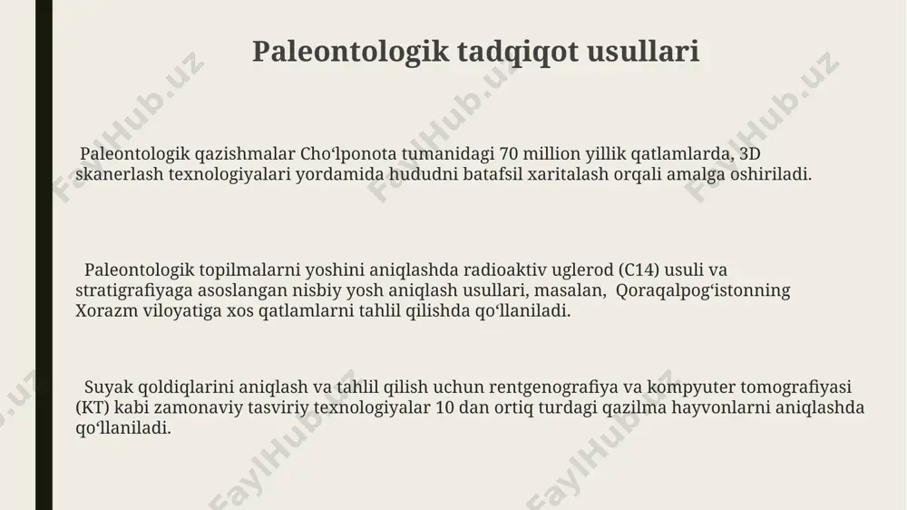 dida topilgan dinozavr qoldiqlari, xususan, 150 million yillik tayan-qarang tog'laridagi qazilma suyaklari, qit'a siljishi va iqlim o'zgarishi haqida muhim ma'lumotlar beradi. paleontologiya yer sharining 4,5 milliard yillik tarixini, jumladan, 540 million yil avvalgi kambriy portlashi davrida paydo bo'lgan ko'plab organizmlarni o'rganishga imkon beradi, bu esa biologik evolyutsiyani tushunishga yordam beradi. paleontologik tadqiqotlar, masalan, 20 ming yillik sibir permafrost mintaqasida topilgan sovuqqa chidamli organizmlarning qoldiqlarini tahlil qilish orqali, kelajakdagi iqlim o'zgarishlariga tayyorgarlik ko'rishga yordam beradi. qazilma qoldiqlarni o'rganish qazilma qoldiqlarni o'rganish, masalan, 65 million yil avvalgi dinozavr suyaklari, yer sharining turli mintaqalarida, jumladan, g'arbiy amerika va mongoliya kabi joylarda topilgan va ularning evolyutsiyasi haqida ma'lumot beradi. o'rta osiyo hududlarida, xususan, qirg'izistonning 300 million yillik qatlamlaridan topilgan qazilma o'simliklar, o'sha davrning iqlim sharoiti va o'simliklar dunyosi haqida muhim ma'lumotlarni o'z ichiga oladi. taxminan 2 million yil avvalgi neandertal odamining qoldiqlarining topilishi, evropa va yaqin sharqning turli joylarida insonning evolyutsiyasi jarayonini tushunishga yordam …