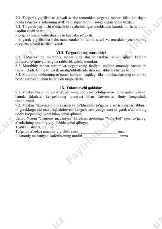 soatlar 20 2 2 2 2 2 2 2 2 2 2 20 ii – texnik tayyorgarlik 30 1. toʻpni tepadan qabul qilish va uzatish, oʻquv oʻyini 10 1 1 1 1 1 1 1 1 1 1 10 2. toʻpni pastdan qabul qilish va uzatish, oʻquv oʻyini 10 1 1 1 1 1 1 1 1 1 1 10 3. libero oʻyinchi texnikasi 10 1 1 1 1 1 1 1 1 1 1 10 jami soatlar 30 3 3 3 3 3 3 3 3 3 3 30 iii – taktik tayyorgarlik 20 1. himoya va hujum taktikasi yakka, guruhli va jamoa boʻlib 10 1 1 1 1 1 1 1 1 1 1 10 2. oʻquv oʻyini, hakamlik qilish 10 1 1 1 1 1 1 1 1 1 1 10 3. musobaqa davri o`quv yili mobaynida jami soatlar 20 2 2 2 2 2 2 2 …