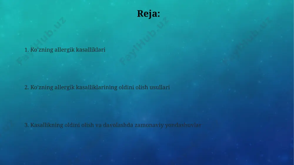 gioedema yoki anafilaksiya, 5-10 mg dozali adrenalin in’yeksiyasi va kasalxonalarda, xususan andijon viloyatida favqulodda yordam choralarini ko‘rish talab etiladi. allergik kon’yunktivitni davolashda 2-4% li kromogliksat natriy ko‘z tomchilari samarali bo‘lib, bu allergik reaksiyalarni oldini olishga yordam beradi, toshkentdagi ko‘plab klinikalarda qo‘llaniladi. ko'zning allergik kasalliklarining patogenezi allergik konjunktivitda, masalan, qo'shma shtatlardagi tadqiqotlar shuni ko'rsatadiki, 20-30% hollarda t-limfotsitlarning faol ishtiroki kuzatiladi, bu esa yallig'lanishning davomiyligi va og'irligini belgilaydi. ko'zning allergik kasalliklarining patogenezi ige antitellarining mast hujayralari va bazofil granulotsitlari bilan bog'lanishi natijasida, ya'ni histamin, leykotrienlar va sitokinlar kabi yallig'lanish vositalarining chiqarilishi bilan boshlanadi. bu jarayon 2-4 soat ichida sodir bo'ladi. polen allergiyasi, ayniqsa o'zbekistonning janubiy hududlarida bahor mavsumida kuzatiladigan changchalar, ko'zning allergik kasalliklarini keltirib chiqaruvchi asosiy omillardan biri bo'lib, 10 mikrometradan kichik zarrachalar ko'zning chuqur qatlamlariga kirib, kuchli yallig'lanishga sabab bo'ladi. diagnostika usullari кўз аллергиясини аниқлашда 10 дан ортиқ беморнинг текширувида аллергенга тери синамаси (prick test) ўтказилиши, хусусан тошкент шаҳридаги аллергология марказларида …