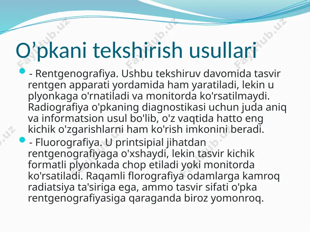 igi darajasini aniqlashga imkon beradi. - plevral ponksiyon. o'pkaning ushbu tekshiruvi paytida plevra bo'shlig'ining tarkibi kichik ponksiyon orqali tahlil qilish uchun olinadi. manipulyatsiya lokal behushlik ostida amalga oshiriladi. plevral ponksiyonning asosiy ko'rsatkichlari plevrit, o'smalar va o'pkada suyuqlik va havoning patologik to'planishi hisoblanadi. o’pka funksiyasini tekshirish usullari laboratoriya usullari (balg'amni tekshirish) balg'am ikki usulda tekshiriladi: mikroskopik va bakterioskopik. birinchisi, parazitlarni, shilimshiqlarni, bakteriyalarni, turli xil shakllanishlarni aniqlashga va qo'shimcha ravishda sil kasalligini aniqlashga imkon beradi. bakterioskopik usul turli xil o'pka infektsiyalarining qo'zg'atuvchilarini ochib beradi. bundan tashqari spirometriya tekshirish usuli bizda tez ez qilinib turadi quyda shu usulni to`liq yoritishga harakat qilamiz spirometriya .spirometriyadan foydalanish usullari .spirometriyaning ahamiyati .rag’batlantiruvchi spirometriya haqida vaqt birligi odam o`pkasidan o`tadigan havo miqdori, ya‘ni opka ventilatsiyasi- nafas olish uchun chuqurligiga va tezligiga bog`liq. tashqi nafasning bu ikki ko`rsatkichi keng doirada o`zgarib turadi. tinch holatda katta yoshli odam o`rtacha 500 ml ga yaqin havoni nafasga oladi va shuncha havoni …