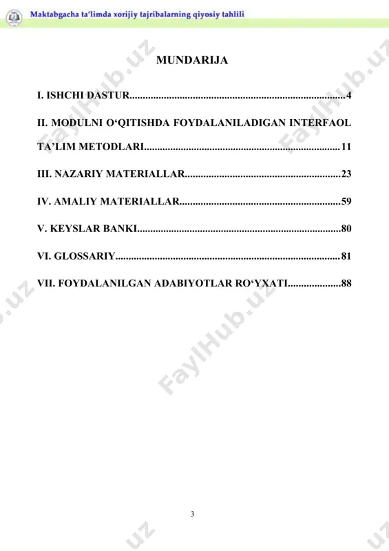 tini tushuntirib berishdan iborat. modulning vazifalari: · xorijiy mamlakatlarda maktabgacha ta’lim tizimi. maktabgacha ta’limni rivojlantirishga zamonaviy yondashuvlar. yevropa yagona ta’lim muhiti (bolonya jarayoni)da maktabgacha ta’lim. modulli ta’lim mohiyati. modulli ta’lim tamoyillari. modul bloklari. · maktabgacha ta’limda kredit-modul tizimi mohiyati. rivojlangan yevropa davlatlari (germaniya, angliya), osiyo mamlakatlari (yaponiya, janubiy koreya) va amerika qo‘shma shtatlari kabi davlatlarning o‘quv, o‘quv-uslubiy, ilmiy-tadqiqot jarayonlarini tashkil etish va amalda qo‘llash bo‘yicha tajribalarini ta’lim tizimiga tadbiq etilishi. · ta’lim xizmatlarini ko‘rsatish borasidagi xorijiy tajribalar. · maktabgacha pedagogika fanlarining rivojlanishiga doir eng so‘nggi ilmiy nazariyalar va ularning mualliflari faoliyati. soha ilmiy maktablari faoliyati. ilmiy maktablarda erishilgan yutuqlar. maktabgacha pedagogika sohasida yaratilgan yangi o‘quv va ilmiy adabiyotlar tahlili bo‘yicha ma’lumot berishdan iborat. modul bo‘yicha tinglovchilarning bilimi, ko‘nikma, malakasi va kompetensiyalariga qo‘yiladigan talablar tinglovchi: · maktabgacha ta’limni tarkibiy jihatdan tubdan isloh qilish siyosatning mazmun- mohiyati to‘g‘risida; · xorijiy davlatlarda maktabgacha yo‘nalishlari va undan ko‘zlangan maqsadlar haqida; · g‘oyaviy-mafkuraviy jaraѐnlarning globallashuv …