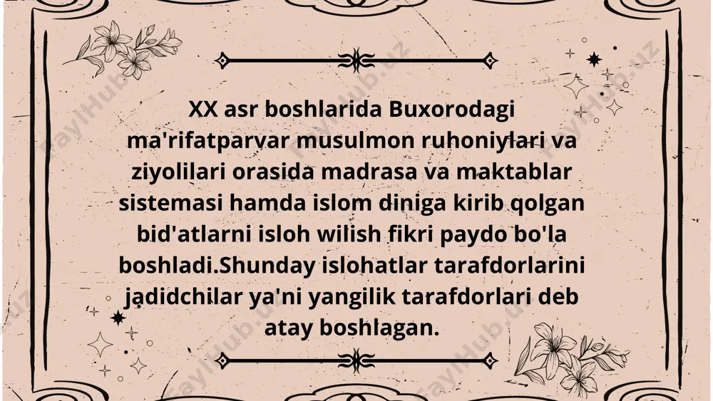 'lishga chaqirgan. 2. milliy va dunyoqarashni uyg'unlashtirish: fitrat milliy qadriyatlarni, madaniyatni saqlashni ta'limning asosiy vazifalaridan biri deb bilgan. ammo shu bilan birga, u xalqni dunyo ilmlari bilan tanishtirish, zamonaviy ilm-fan bilan tanishish zaruriyatini ham ta'kidlagan. 3. jahonni o'zgarishlarga tayyorlash: fitratning fikricha, ta'lim tarbiya nafaqat hozirgi, balki kelajakdagi jamiyatni shakllantirishda muhim rol o'ynaydi. u yoshlarni jahon miqyosida o'z o'rnini topishga tayyorlash, ularni o'zgaruvchan dunyoda muvaffaqiyatli bo'lishga o'rgatish kerakligini ta'kidlagan. 4. ma'rifat va ta'limning ijtimoiy ahamiyati: fitrat ta'limni faqat shaxsiy rivojlanish vositasi sifatida emas, balki jamiyatni yangilash, ma'rifatli va adolatli jamiyatni barpo etish uchun zarur deb bilgan. abdurauf fitratning axloqiy qarashlari o'ziga xos bo'lib, u o'z asarlarida insoniy qadriyatlar, ma'naviyat va axloqiy taraqqiyot masalalariga alohida e'tibor qaratgan. fitrat axloqni faqat shaxsiy xislatlar yoki xulq-atvorning to'g'ri yoki noto'g'riligi sifatida emas, balki jamiyat va uning taraqqiyoti uchun zarur bo'lgan muhim ijtimoiy omil sifatida ko'rgan. uning axloqiy qarashlarining o'ziga xosligi quyidagi jihatlarda namoyon bo'ladi: 1. …