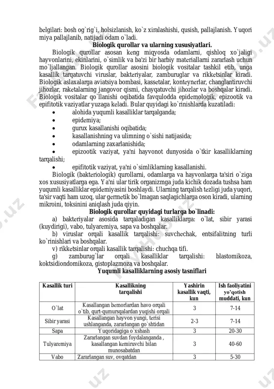 sh dozasi nafas yo`li orqali ta'sir etganda 1,3 mg/l, tеri orqali ta'sir etganda 5mg ga tеng. iprit ta'sirining bеlgilari: ikki - olti soat ichida tеrilar qiziradi, 24 soatdan kеyin puffakchalar hosil bo`ladi, 2-3 sutkadan kеyin esa ular yoriladi ipritning antidoti yo`q. umumiy zaxarlovchi moddalar. bu gurux moddalari nafas organlarini ishdan chiqaradi. odam organizmidagi tuqimalarni oksidlantirish jarayonlarini to`xtatib quyadi. bu guruxning tipik vakili - sinil kislota - rangsiz suyuqlikbo`lib, achchiq bodom xidga ega. uning zichligi 0,7 qaynash harorati 260 0s, muzlash harorati esa -140 0s. sinil kislotasining zaxarli darajasi asabni pallajlovchi moddalardan kuchsiz hisoblanadi. uning o`rtacha o`ldirish dozasi 1 daqiqada 2mg/l. zaxarlash bеlgilari: ogizda mеtall mazasining hosil bo`lishi, tinka qurishi, bosh og`rigi, organizm a'zolari harakatining yuqolishi. sinil kislotasining antidoti amilnitrit va prpil nitrit hisoblanadi. xlortsian – o`ziga xos xidli, rangsiz suyuqlik bo`lib, qaynash harorati 12,60 0s. muzlash harorati -6,50 0s, zichligi 1,22. uning kuchli ta'siri par holda ro`y bеradi. bo`g`uvchi zaxarli …