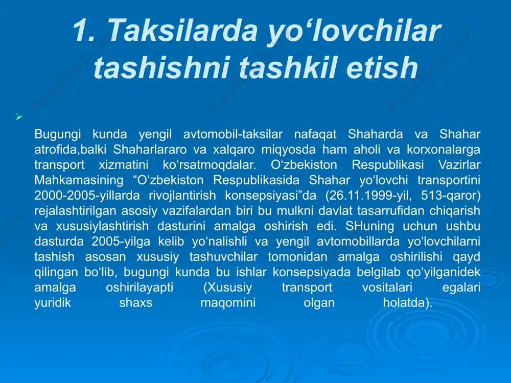 sh qoidalari hamda avtobuslarda yo‘lovchilar tashish xavfsizligini ta’minlashga doir talablarni tasdiqlash haqida”gi qaroriga ko‘ra yengil avtomobil-taksilarda yo‘lovchilar va bagaj tashish tariflari miqdori o‘zaro kelishuv narxi asosida belgilanadi. taksometr bilan jihozlangan avtomobil-taksilarda yo‘l haqi yo‘lovchi tomonidan safar tugagandan va bagaj tushirilgandan keyin u bilan kelgan yo‘lovchilar hamda tashib keltirilgan bagaj sonidan qat’iy nazar,taksometr ko‘rsatkichi bo‘yicha to‘lanishi kerak. ammo bugungi kunda avtomobillar taksometrlar bilan jihozlanmaganligi sababli yo‘l haqi yurilgan masofa asosida belgilanayapti. yengil avtomobil-taksi bir necha yo‘lovchilar (navbatda turgan birinchi yo‘lovchining roziligi bilan) tomonidan to‘xtash joyida yollagan yoki taksini yollagan yo‘lovchi roziligi bilan yo‘li bir bo‘lgan yo‘lovchi chiqarilgan taqdirda, yo‘l haqiga to‘lovning umumiy summasi yo’lovchilar o‘rtasida har bir yo‘lovchining bosib o‘tgan masofasiga mutanosib ravishda taqsimlanadi. yo‘lovchilarni chiqarishda haydovchi bagajni joylashtirishda yordam ko‘rsatishi, safar tugaganda esa yo‘lovchiga uning buyumlarini va bagajni tushirishni eslatishi shart. taksiga oldindan buyurtma berilaganda haydovchi avtomobil bilan naryadda ko‘rsatilgan vaqtda kelishi shart. taksi yo‘lovchinig iltimosiga va tomonlarning o‘zaro kelishuviga …