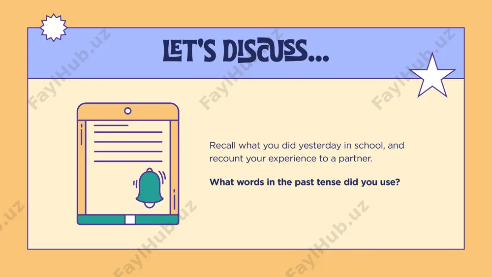 e not used the points this year. i redeemed a gift last year, though! claudia: what did you get? reese: i received a really cute planner. would you like to visit the bakery tomorrow? claudia: yes, great! see you then. use of simple past examples explanation describes a completed event or action in the past describes a state or condition that existed in the past describes an imaginary condition in the past my grandfather repaired his favorite vintage tv model. she was excited to receive a phone call from her friend. if he took better care of himself, he wouldn't fall sick so easily. talk about the activities you enjoyed doing last summer in the simple past tense. present perfect it is formed by using has/have as + the past participle of the main verb: i have eaten this afternoon. i have taken my dog to the vet. pedro has …