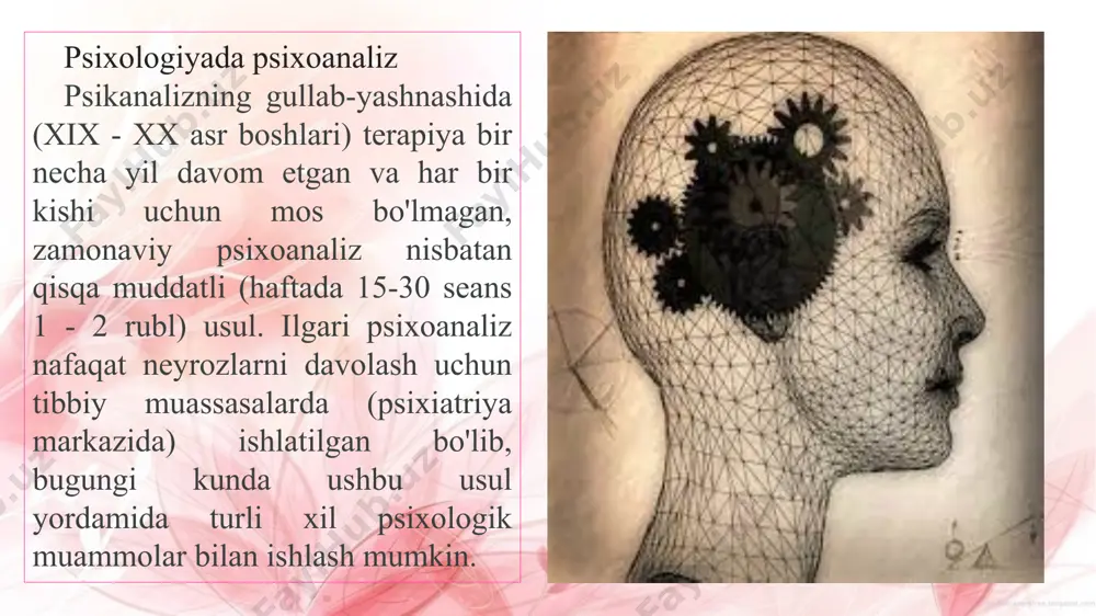 ini bo'lishish; - aqliy shifo; - insonning o'zini qabul qilish. guruh psixoanalizasi - kontseptsiya 1925 yilda psixoanalist t. barrow tomonidan kiritilgan. zamonaviy guruh psixoterapiyasi - haftada bir marta 1,5-2 soat davomida yig'ilish. tahlil guruhlarining vazifalari: guruh a'zolari uchun xavfli joyni yaratishingiz mumkin; maxfiy xujjatlarni identifikatsiya qilish; ichki chalkashliklarni va nizolarni hal qilish chuqurligi orqali amalga oshiriladi. e’tiboringiz uchun rahmat image1.png image2.png image3.png image4.png image5.png image6.png image7.png image8.png image9.png image10.png image11.png image12.png image13.png image14.png image15.png /docprops/thumbnail.jpeg