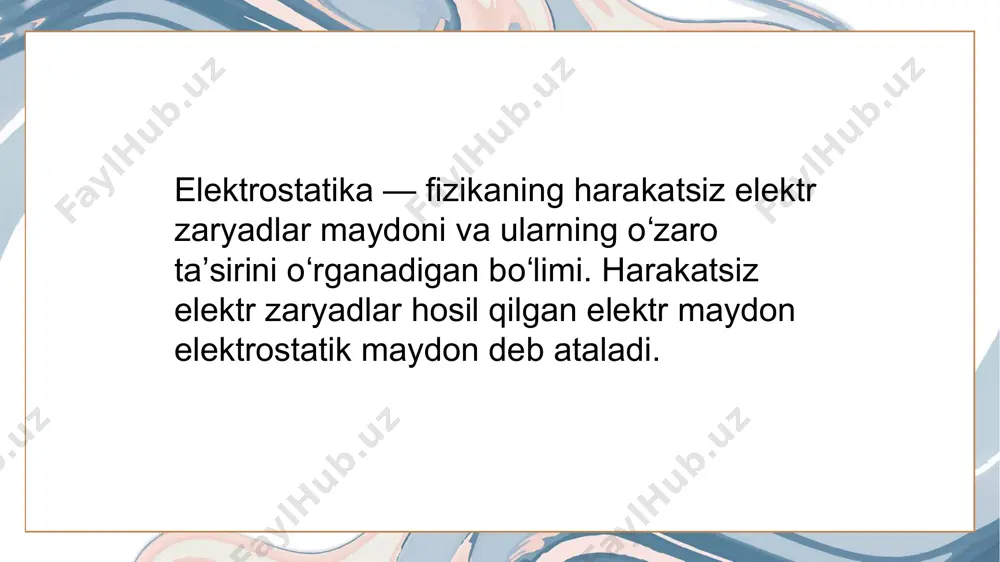 ib chiqarilgan edi. ularning xususiyatlari shundan iborat ediki, kuchlanganlik chiziqlari bo‘shliqda bir xil zaryadlardan ikkinchi xil zaryadlarga uzluksiz ravishda davom etadi yoki cheksizlikka ketadilar. ammo bu xususiyat faqat erkin zaryadlaigagina taalluqlidir, bog‘langan zaryadlarda bunday bo‘lmaydi. bo‘shliqdaesa va vektorlar ustma-ust tushadi. induksiya vektorining chizig‘i deb shunday chiziqqa aytiladiki, bu chiziqning har bir nuqtasiga o ‘tkazilgan urinmaning yo‘nalishi induksiya vektorining yo‘nalishi bilan ustm a-ust tushadi. chiziqning yo‘nalishi har bir nuqtada induksiya vektorining yo‘nalishi shu nuqtadagi chiziq yo‘nalishiga mos keladi deb hisoblanadi. thank you image3.png image4.gif image5.gif image6.png image7.gif image8.png