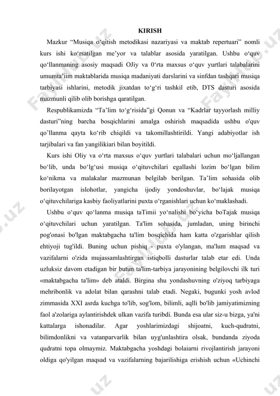 chilari egallashi lozim bo‘lgan bilim ko‘nikma va malakalar mazmunan belgilab berilgan. ta’lim sohasida olib borilayotgan islohotlar, yangicha ijodiy yondoshuvlar, bo‘lajak musiqa o‘qituvchilariga kasbiy faoliyatlarini puxta o‘rganishlari uchun ko‘maklashadi. ushbu o‘quv qo‘lanma musiqa tatimii yo‘nalishi bo‘yicha botajak musiqa o‘qituvchilari uchun yaratilgan. ta'lim sohasida, jumladan, uning birinchi pog'onasi bo'lgan maktabgacha ta'lim bosqichida ham katta o'zgarishlar qilish ehtiyoji tug'ildi. buning uchun pishiq - puxta o'ylangan, ma'lum maqsad va vazifalarni o'zida mujassamlashtirgan istiqbolli dasturlar talab etar edi. unda uzluksiz davom etadigan bir butun ta'lim-tarbiya jarayonining belgilovchi ilk turi «maktabgacha ta'lim» deb ataldi. birgina shu yondashuvning o'ziyoq tarbiyaga mehribonlik va adolat bilan qarashni talab etadi. negaki, bugunki yosh avlod zimmasida xxi asrda kuchga to'lib, sog'lom, bilimli, aqlli bo'lib jamiyatimizning faol a'zolariga aylantirishdek ulkan vazifa turibdi. bunda esa ular siz-u bizga, ya'ni kattalarga ishonadilar. agar yoshlarimizdagi shijoatni, kuch-qudratni, bilimdonlikni va vatanparvarlik bilan uyg'unlashtira olsak, bundanda ziyoda qudratni topa olmaymiz. maktabgacha yoshdagi bolaiarni rivojlantirish jarayoni oldiga qo'yilgan …