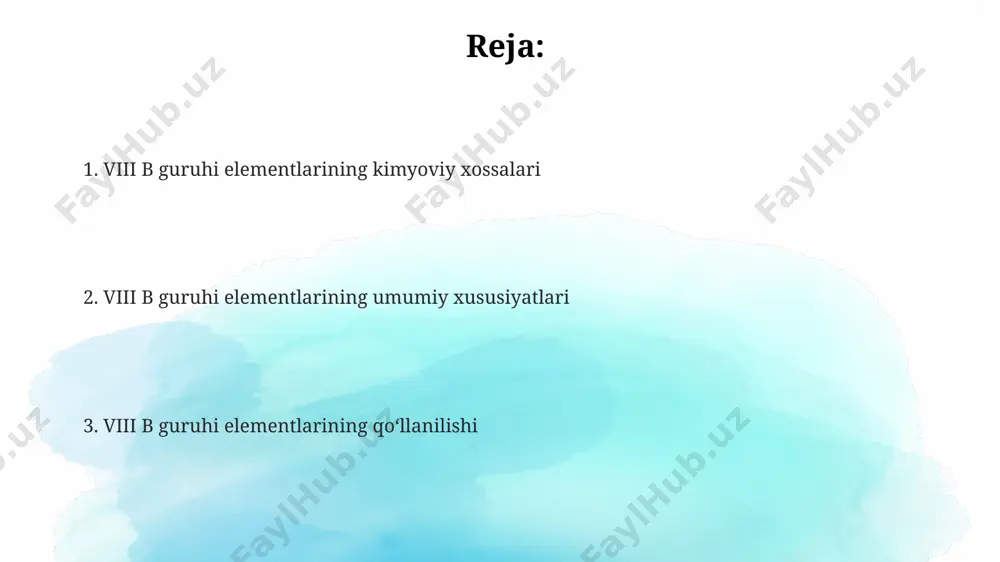 roziyasiga olib keladi. kobalt (co) kobalt, vitamin b12 ning muhim tarkibiy qismidir, uning kunlik dozasi odatda 2-3 mikrogramm atrofida tavsiya etiladi va u inson organizmidagi qon hosil boʻlishida muhim rol oʻynaydi. kobaltning magnit xossalari juda yuqori boʻlib, u kuchli doimiy magnitlar ishlab chiqarishda qoʻllaniladi, uning magnitlanganligi temirdan 20 marta yuqori. kobaltning 27 ta proton va 32 ta neytroni boʻlgan ikkita barqaror izotopi, ⁵⁹co va ⁶⁰co mavjud boʻlib, ularning massasi sonlari mos ravishda 59 va 60 ga teng. platina guruhi metallari platina guruhi metallari yuqori darajada kimyoviy inertlikka ega bo'lib, ularning oksidlanish holati +2 dan +4 gacha o'zgaradi va ko'pincha murakkab kompleks birikmalar hosil qiladi. platina guruhi metallari noyob va qimmatbaho hisoblanadi, ularning yer qobig'idagi miqdori juda kam (bir necha ppm) bo'lib, ular asosan rudalardan murakkab metallurgiya jarayonlari orqali ajratib olinadi. ushbu metallarning atomlari 5d elektron qatlamiga ega bo'lib, ularning elektron konfiguratsiyasi ularning katalitik xossalarini va yuqori erish haroratlarini (masalan, platina …