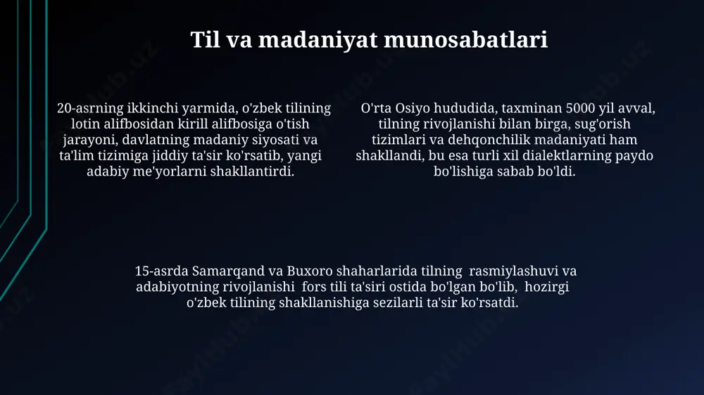 targʻib qilishda ham muhim ahamiyat kasb etadi. tilning rivojlanishiga ta'sir etuvchi omillar o'zbek tilining rivojlanishiga 1991-yildan keyin mustaqillik e'lon qilinishi bilan davlat tili maqomini olishi va buxoro, xiva kabi tarixiy shaharlarda saqlanib qolgan shevalarning o'rganilishi katta hissa qo'shdi. tilning rivojlanishiga jahonlashuv jarayoni, xususan, ingliz tilining global miqyosda 70% dan ortiq internet kontentini egallaganligi katta ta'sir ko'rsatmoqda, natijada milliy tillarning chet tillar ta'siriga uchrashi kuchaygan. texnologiya taraqqiyoti, jumladan, 21-asr boshlarida keng tarqalgan ijtimoiy tarmoqlar va internet forumlarining paydo bo'lishi tilning rivojlanishiga yangi so'zlar va ifodalar kirishiga olib keldi, samarqanddagi olimlar bu jarayonni o'rganish bilan band. til va texnologiyalar o'zbekistondagi paxta terimi 2023-yilda 15% ga kamaygan bo'lsa-da, avtomatlashtirilgan yig'im-terim texnologiyalarining joriy etilishi 2025 yilga kelib samarqand viloyatida 30% ga hosildorlikni oshirishi kutilmoqda. tilni quritish va saqlash jarayonlarida ishlatiladigan zamonaviy uskunalar, masalan, infraqizil quritish kameralari, energiya sarfini 15% ga kamaytirib, surxondaryo viloyatining 3 ta yirik korxonasida qo'llanilmoqda. andijon viloyatida 2022 yilda 5000 ga …