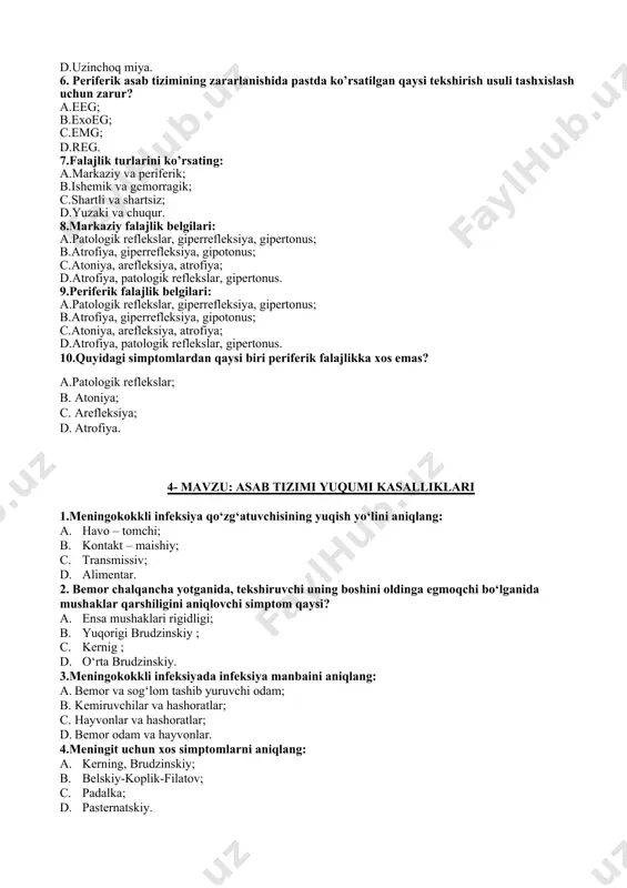 k ensefalit; c.epidemik ensefalit; d.poliomiyelit. 8.radikulit kasalligining eng ko’p uchraydigan turini ko’rsating. a.bo’yin; b.ko’krak; c.bel-dumg’aza; d.dum. 9. meningit-bu: 1. bosh va orqa miya pardalarining yalliglanishi; 1. bosh miyaning yalliglanishi; 1. nervning yalliglanishi; 1. chigalning yalliglanishi. 10.bosh va orqa miya pardalarining yallig’lanishi nima deb ataladi? 1. entcefalit; 1. mielit; 1. meningit; 1. poliomielit. 5-mavzu: bosh va orqa miyada qon aylanishining buzilishi. 1.insult-bu: 1. bosh miyada qon aylanishining o’tkir turg’un buzilishi; 1. bosh miyada qon aylanishining surunkali buzilishi; 1. bosh miyada qon aylanishining o’tib ketuvchi buzilishi; 1. bosh miyaning yallig’lanishi. 2.gemorragik insult-bu: a.miya infarkti ; b.bosh miyaga qon quyilishi; c.o’sma ; d.parazitar kasallik. 3.emboliya - bu: 1. qon bosimining ko’tarilishi; 1. qon tomirlarning tiqilib qolishi; 1. tepa ko’z qovoqning pastga tushib qolishi; 1. nutq buzilzishi. 4.ishemik insult nima? a.miyaga qon quyilishi; b.yurakka qon quyilishi; c.miya infarkti; d.qon tomirlar kengayishi. 5.gemorragik insultning belgilariga kirmaydi? 1. to’satdan boshlanadi; 1. bemor es-hushini yo’qotadi; 1. arterial …