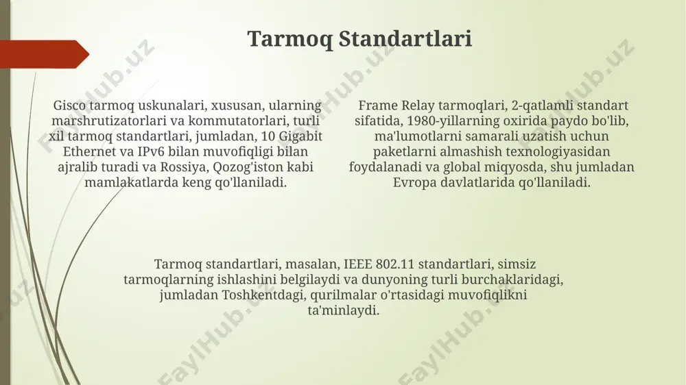 дан ортиқ дастурий таъминот янгиланишлари яратилган бўлиб, бу янгилашлар орқали тармоқнинг барқарорлиги ва хавфсизлиги яхшиланган. тошкент шаҳрида жойлашган gisco компаниясининг йўриқчилари, frame relay технологиясидан фойдаланадиган мижозларга, 2 мбит/с дан 45 мбит/с гача бўлган турли хил тезликдаги каналларни тақдим этади. gisco йўриқчилари 2000-йиллар бошидан бери ўзбекистондаги кўплаб корхоналарда, жумладан, 100 дан ортиқ филиалга эга бўлган компанияларда, юқори тезликли маълумотлар узатиш тармоқларини ташкил этиш учун кенг қўлланилади. frame relayning arxitekturasi frame relay arxitekturasi, qo'shma shtatlarning turli shaharlaridagi filiallarni birlashtirishda, markazlashtirilgan tarmoq boshqaruvi imkonini beradigan ma'lumotlarni samarali uzatishni ta'minlaydi. frame relay protokoli, xususan lapf (link access procedure – frame relay) standartini qo'llab, paketlarni 16 bitli dlci (data link connection identifier) orqali aniqlaydi va uzatadi. frame relay tarmoqlarida ma'lumot uzatish tezligi 56 kbps dan 2 mbps gacha yetishi mumkin bo'lib, bu esa katta hajmdagi ma'lumotlarni samarali uzatish imkonini beradi, masalan, toshkentdagi korxonalar o'rtasida. gisco xavfsizlik uskunasi gisco xavfsizlik uskunalari toshkentdagi 100 dan ortiq yirik …