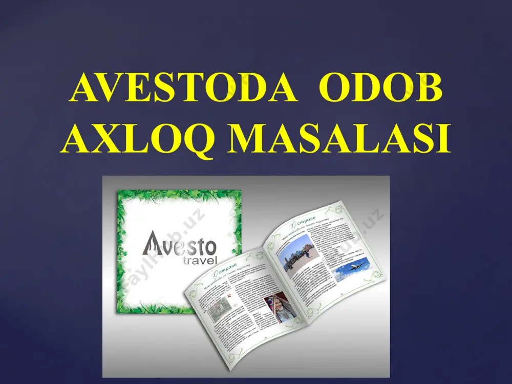 berilgan.u 72 bobdan iborat bo’lib,17 bobi gotlar – madhiyalar deb atalgan.4.yasht.22 qo’shiqdan iborat. qo’shiqlarda zardushtiylik xudolari va ma’budalari madh etilgan.5.kichik avesto. quyosh, oy, ardvisura, varxra kabi xudo va ma’budalar madh etilgan ibodat qo’shiqlari beriladi. «avesto»da ilk foniy odam – gaya marta haqida rivoyatlar keltirilgan. u zardo’shtiylikda yer yuzida yashagan birinchi odam sifatida tasavvur etiladi. o’rta asr manbalarida uning nomi gavomard, gayomat, gopat shoh, qo’bodshoh, kayumars tarzida bitilgan. gaya marta ikki vujudli, ho’kiz va odamdan tashkil topgan. uni ezgulik xudosi axura mazda dantiya daryosining bo’yidagi ar’yana vejada yetmish kun mobaynida yaratgan. odam boshli, ho’kiz qiyofasidagi haykalchalar o’zbekiston (jumladan, samarqand shahri yaqinidagi tali barzu tepaligi, xorazm viloyatining shovot tumani hududi)dan topilgan. «avesto» eramizdan oldingi vii asrning oxiri va vi asrning boshlarida yaratilgan. uning qadimgi qismlari miloddan avvalgi 2000-1000 yillarga taalluqli, deb qaraladi. «avesto»ning qisqargan shakli «zand avesto» deb nomlangan. u pahlaviy, sanskrit (qadimgi hind) tiliga tarjima qilingan va sharhlar bitilgan. u bir …