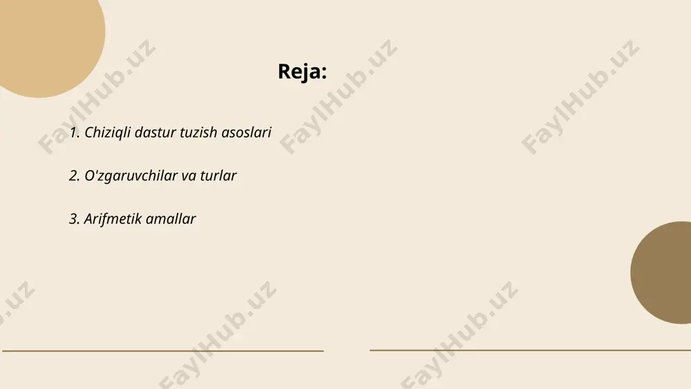 esa bir sondan ikkinchi son ayriladi: 9 - 4 = 5. ko'paytirish amalida sonlar bir-biriga ko'paytiriladi, masalan, 6 × 7 = 42. bo'lishda esa sonlardan biri ikkinchisiga bo'linadi: 20 ÷ 4 = 5. bu amallarning hammasi matematik ifodalarni yechishda asosiy rol o'ynaydi. ... t.me/slaydai_bot 4. input va output operatsiyalari input va output operatsiyalari kompyuter tizimlarida ma'lumotlarni kiritish va chiqarish jarayonlarini ifodalaydi. input operatsiyalari foydalanuvchidan yoki boshqa tizimlardan ma'lumot olish uchun ishlatiladi. masalan, klaviatura, sichqoncha, skaner va kiritish qurilmalari yordamida ma'lumot olinadi. output operatsiyalari esa ma'lumotni foydalanuvchiga yoki boshqa tizimlarga yetkazish uchun javobgardir. monitor, printer va ovoz chiqaruvchi qurilmalar output vositalariga misol bo'ladi. ushbu jarayonlar ma'lumotlarni to'g'ri va samarali tarzda boshqarish uchun muhimdir. shuningdek, operatsiyalarni optimallashtirish tizim faoliyatini oshirishga yordam beradi. ... t.me/slaydai_bot mantiqiy ifodalar va shartli operatorlar dasturlashning muhim qismlaridan biridir. mantiqiy ifodalar "haqiqat" yoki "yolg'on" natijalarni qaytaradi, odatda and (&&), or (||), not (!) kabi operatorlar bilan ishlaydi. shartli …