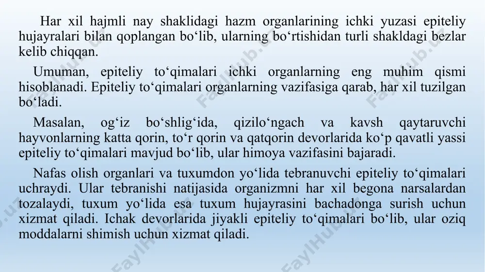 sceralis hosil qiladi. shunday qilib, parietal va visseral varaqlar o‘rtasida tananing seroz parda bo‘shlig‘i hosil bo‘ladi. visseral varaqning yuqori va pastki qismlari bir – biri bilan qo‘shilib, ichak nayining yuqori va pastki tutqichi - mesenterium dorsale et ventrale ni hosil qiladi. embrion rivojlanib borishi protsessida ko‘krak qafasida yurak paydo bo‘ladi, shunda seroz parda bo‘shlig‘i ikkiga bo‘linadi: ko‘krak va tana selomi hosil bo‘ladi. ko‘krak selomidan ajralgan seroz parda yurakning ustki qismini o‘rab, yurak xaltachasi, ya’ni perikardni hosil qiladi. seroz pardaning qolgan qismi o‘pkaning ustini o‘rab, o‘ng va chap plevra bo‘shliqlari - cavum pleura dextrum it sinistrum hosil qiladi. ko‘krakdagi seroz parda ham bir qancha qismlarga bo‘linadi. plevra ko‘krak fassiyasiga mahkam birlashib ikkita plevra xaltachasini hosil qiladi, u xaltachalar oralig‘idagi bo‘shliqda plevra suyuqligi - liguor pleure bo‘ladi. har qaysi plevra xaltachasi ikkita varaqqa bo‘linadi: 1) parietal plevra – qovurg‘a tomonga o‘tib, qovurg‘a plevrasi - pleura costalis ni, diafragma tomonga o‘tib, diafragma plevrasi …