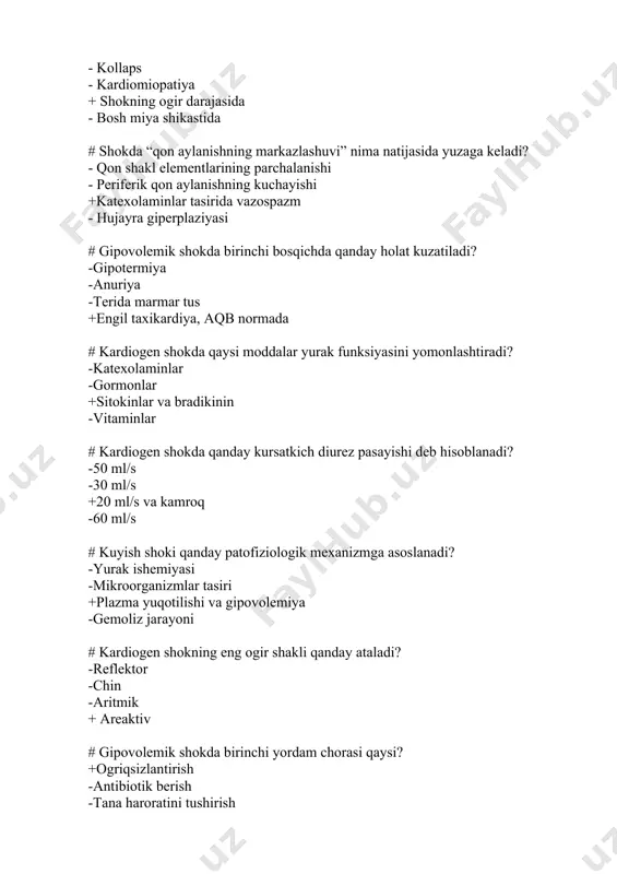 h shokida teri qanday holatda buladi? (1) -qizargan va qizig +kukish, sovuq va terlangan -quruq va issiq -tekshirib bulmaydi # kuyish shokida teri qanday holatda buladi? (1) - qizargan va qizig + kukish, sovuq va terlangan - quruq va issiq - tekshirib bulmaydi # yurak astmasining alomati qaysi? (1) - yuqori harorat + kupikli balgam - past puls - yurak ogrigi # travmatik shokda birinchi yordamning asosiy qismi qaysi? (1) - tana haroratini kutarish + immobilizasiya va ogriqsizlantirish - diuretik yuborish - gipoksiyani bartaraf qilish # gemorragik insultning eng kup uchraydigan sababi nima? - ateroskleroz + gipertonik kriz - shok holati - travmatik bosh jarohati # miya ichiga qon quyilishi asosan qayerda kuzatiladi? - orqa miya - miyacha + ichki kapsula va bazal yadrolar sohasida - chakka sohasida # gemorragik insultda koma holatiga qanday alomat xos emas? + qorachiqlar yoruglikka sezgirligi - nafas xirillovchi - yuzning tuq qizil bulishi - …