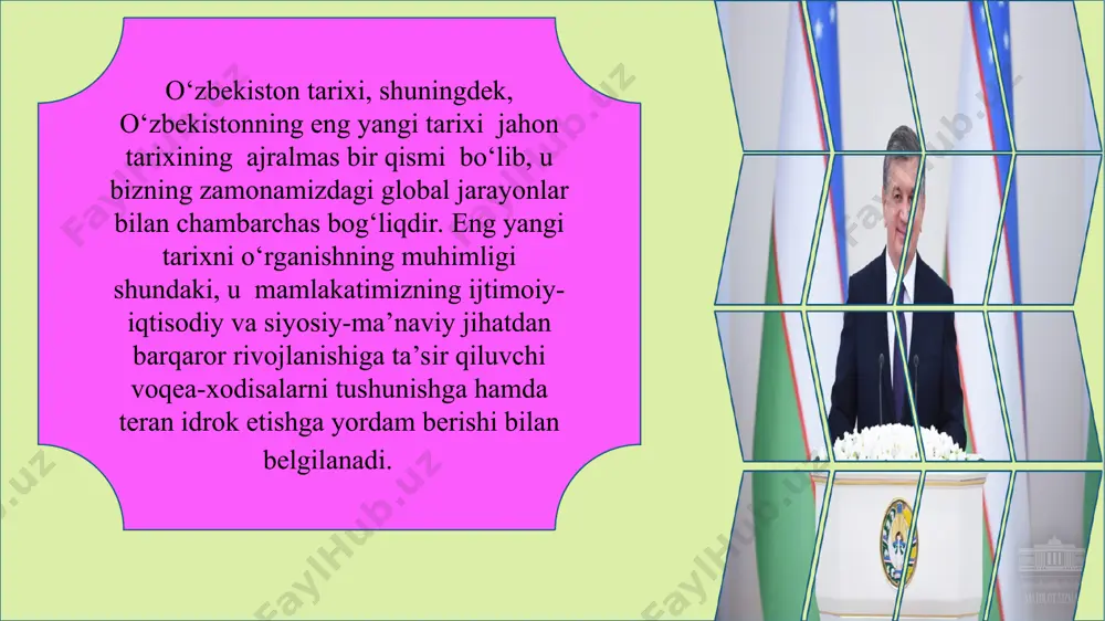 ntirishda juda muhim omil hisoblanadi. “o’zbekistonning eng yangi tarixi” o’quv kursining amaliy ahamiyati kishilarda nafaqat mas’uliyat, vatanparvarlik, bag‘rikenglik hissini uyg‘otadi, balki mintaqa tarixi haqidagi tasavvurlarni kengaytirishga yordam beradi, davlat mustaqilligi siyosatining aniq masalalarini ishlab chiqishda, mamlakatda demokratik islohotlarni yanada chuqurlashtirish va fuqarolik jamiyati asoslarini mustahkamlashda faol ishtirok etadi. foydanildan adabiyotlar: 1.shavkat mirziyoev. biz milliy rivojlanish yo‘limizni yangi bosqichda ishonch bilan davom ettiramiz. 1-jild. t: “o‘zbekiston”, 2017 yil. 2. karimov i. mamlakatda demokratik islohotlarni yanada chuqurlashtirish va fuqarolik jamiyatini shakllantirish kontsepsiyasi.-t: “o‘zbekiston”, 2010 yil. 3. karimov i. o‘zbekiston mustaqillikka erishish ostonasida.-t: “o‘zbekiston”, 2011 yil. 4. sobirov a. o‘zbekistonning yangi tarixi: o‘rganish metodologiyasi masalalari bo‘yicha // "o‘zbekistonning eng yangi tarixi: nazariy va metodologik asoslari, o‘rganish tajribasi, manbalari va usullari" respublika ilmiy-amaliy konferensiyasi materiallari. – t: 2013 yil. 5. rahimov m. o‘rta osiyoda zamonaviy xalqaro munosabatlarni o‘rganishda fanlararo usullardan foydalanish. o‘zbekistondagi og‘iz tarixi: nazariya va amaliyot. –t: o‘zr ii an, 2011 yil. 6. …