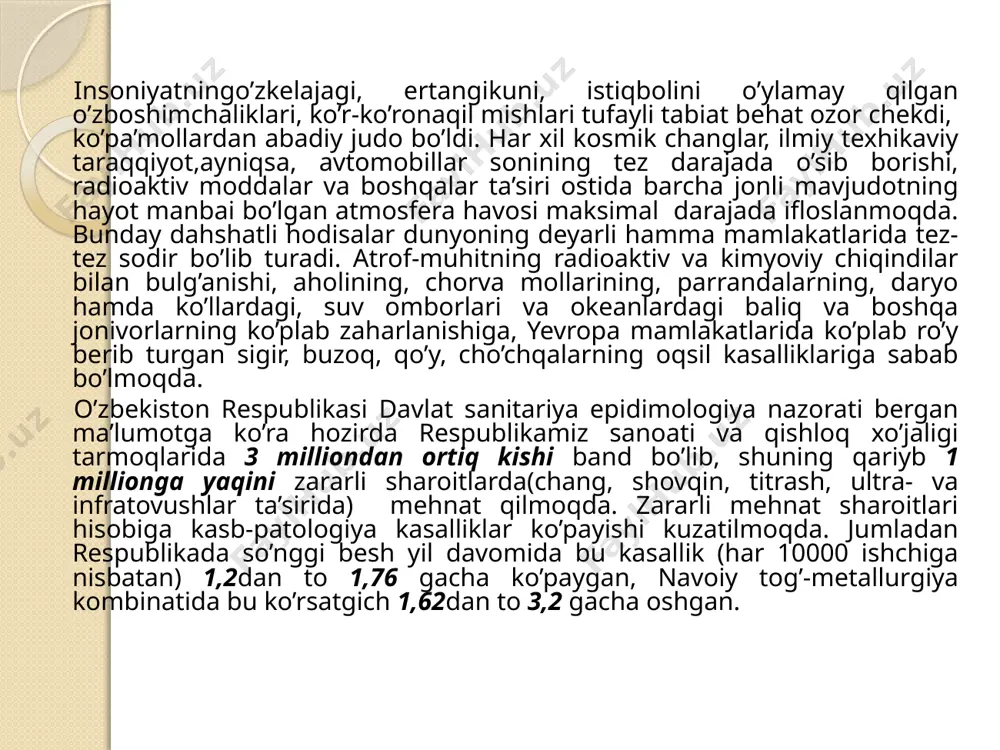 acha ko’paygan, navoiy tog’-metallurgiya kombinatida bu ko’rsatgich 1,62dan to 3,2 gacha oshgan. “kimyoviy ekologiya” insoniyat tomonidan yo’l qo’yilgan xatoliklar oqibatida vujudga kelgan ekologik fojealarni o’rganadi va tahlil qiladi, oldini olish uchun chora-tadbirlar izlaydi. tabiiy va tarixiy merosimizni saqlab qolish ekologik muammo deganda, butun insoniyatga xavf soladigan, ilmiy asoslangan muammolarni tushunish maqsadga muvofiq. ekologik muammolar ekologiya kimyo fizika tibbiyot biologiya geografiya psixologiya falsafa pedagogika tarix eng muhim ekologik muammolar, ularni hal etishning dolzarbligi respublikamizdagi eng muhim ekologik muammolarni va ularni oldini olish chora-tadbirlarini sayyoramiz kelajagi, insoniyatning taqdiri hozirgi davrda ko’p jihatdan ekologik muammolar yechimiga bog’liq bo’lib qoldi. ekologik muammo keyingi o’n yilliklar davomida yana keskinlashib ketdi. havoning ifloslanishi, ichimlik suvning o’ta taqchilligi, ona zaminning zaharlanishi, ekish va hosil olish mumkin bo’lgan unumdor yerlarning, yer osti va yer usti boyliklarining, o’simliklarning va hayvonlar nodir turlarining kamayib borayotganligi hamda atmosfera haroratining sezilarli darajada oshib borayotganligidan insoniyat behad azob chekmoqda. xx asr tugab xxi …