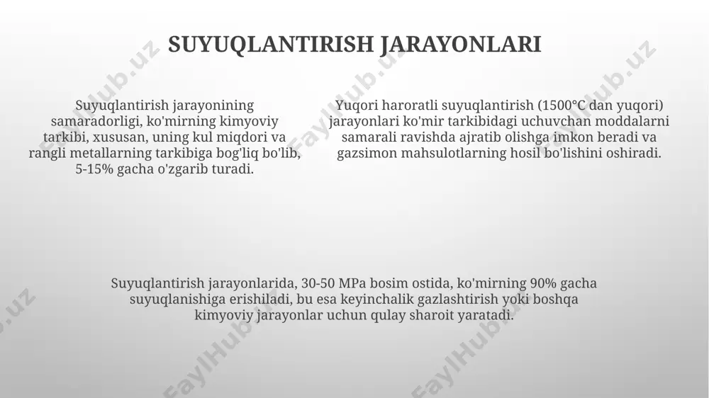 a olib keladigan qattiq chiqindilar hosil bo'ladi, bu yer osti va yer usti suvlarining ifloslanishiga olib keladi. briketlash va granulyatsiya briketlash va granulyatsiya texnologiyalari 5-15% gacha bo'lgan organik bog'lovchi moddalarni qo'llashni o'z ichiga oladi, bu esa mahsulotning mustahkamligini va shaklini saqlashga yordam beradi. briketlash jarayoni 10-20 mpa bosim ostida amalga oshiriladi va bu yoqilg‘ining zichligini 1,2-1,5 g/sm³ ga yetkazish imkonini beradi, natijada yonish samaradorligi oshadi. granulyatsiya usuli, diametri 3-10 mm bo'lgan granulalar hosil qilish orqali, katta miqdordagi mayda changsimon yoqilg‘ini qayta ishlashda samarali hisoblanadi va transport xarajatlarini kamaytiradi. qattiq yoqilg'i olish manbalari biomassa, masalan, qishloq xo'jaligi chiqindilari va o'rmon xo'jaligi qoldiqlaridan olingan 20-30% gacha suv tarkibiga ega bo'lgan qattiq yoqilg'i manbai sifatida foydalanish mumkin. qattiq yoqilg'ining asosiy manbalari ko'mir, yog'och va torf hisoblanadi, ularning jahon zahiralari taxminan 1 trillion tonnani tashkil etadi va energiya ishlab chiqarishda muhim rol o'ynaydi. neftni qayta ishlash jarayonida hosil bo'lgan koks, yillik hajmi 50 million …