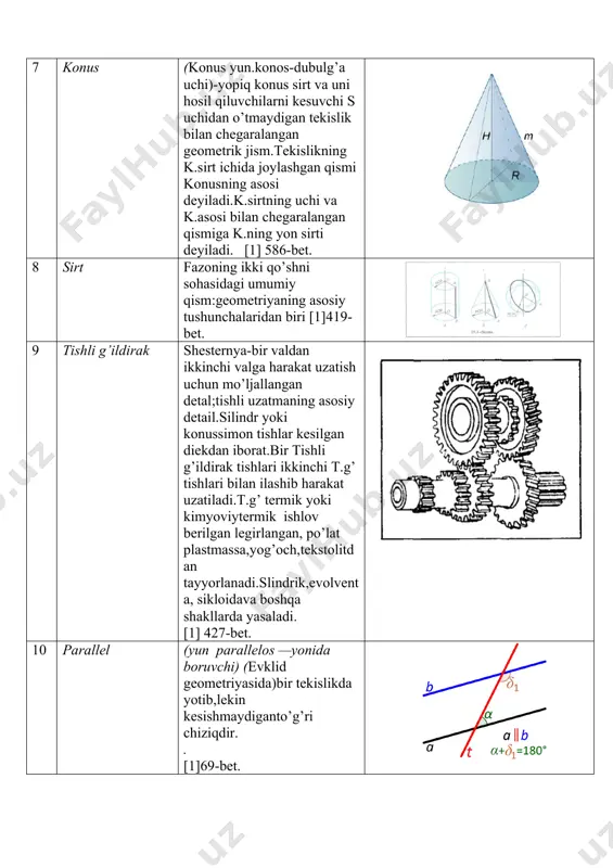 —yonida boruvchi) (evklid geometriyasida)bir tekislikda yotib,lekin kesishmaydiganto’g’ri chiziqdir. . [1]69-bet. 11 vintsimon tishli uzatma o’zaro muayyan( odatda, 90°) burchak ostida joylashgan,ammo bir nuqtadakesishmaydigan vallar orqasida harakat uzatuvchi mexanizm. [1]185-bet 12 vintli g’ildirak qiyshiq tishli silindrik g’ildirak;vintsimon tishli uzatmada aylana harakatni o’zaro ayqash vallar orasida uzatish qo’shiladi. [1]185-bet. 13 vintli uzatma bir –biriga muayyan burchak (asosan,90°) ostida ayqash joylashgan vallarning biridan ikkinchisiga slindrik vintli g’ildiraklar vositasida harakat uzatish uchun [1]185-bet. 14 chervyakli uzatma vint(chervyak)va u bilan ilashadigan chervyak g’ildiragi vositasida ayqash vallarga aylanma harakat uzatadigan mexanizm. [1]50-bet. 15 reka (rus.yog’och yolа) — 1) tishli p-bir tomoniga tishlar ochilgan prizmatik yoki silindrik sterjen; tishlari tishli [1]141-bet. 16 sikloida (yun. kykloeides -doirasimon) — tekislikda bit to’g’ri chiziq bo’ylab sirpanmay g’ildirovchi aylanadigan nuqta chizadigan yassi egri chiziq. [1]17-bet. 17 evolenta (lot.evolyenus-yechilgan,yechiluvchi) –differensial geometriya tushunchasi.egri chiziqning egrilik markazlari geometric o’rni bo’lgan t egri chiziqning evalyutasi deyiladi egri chiziq o’z evolyutasiga nisbatan evolventa deyiladi. [1]6-bet. 18 …