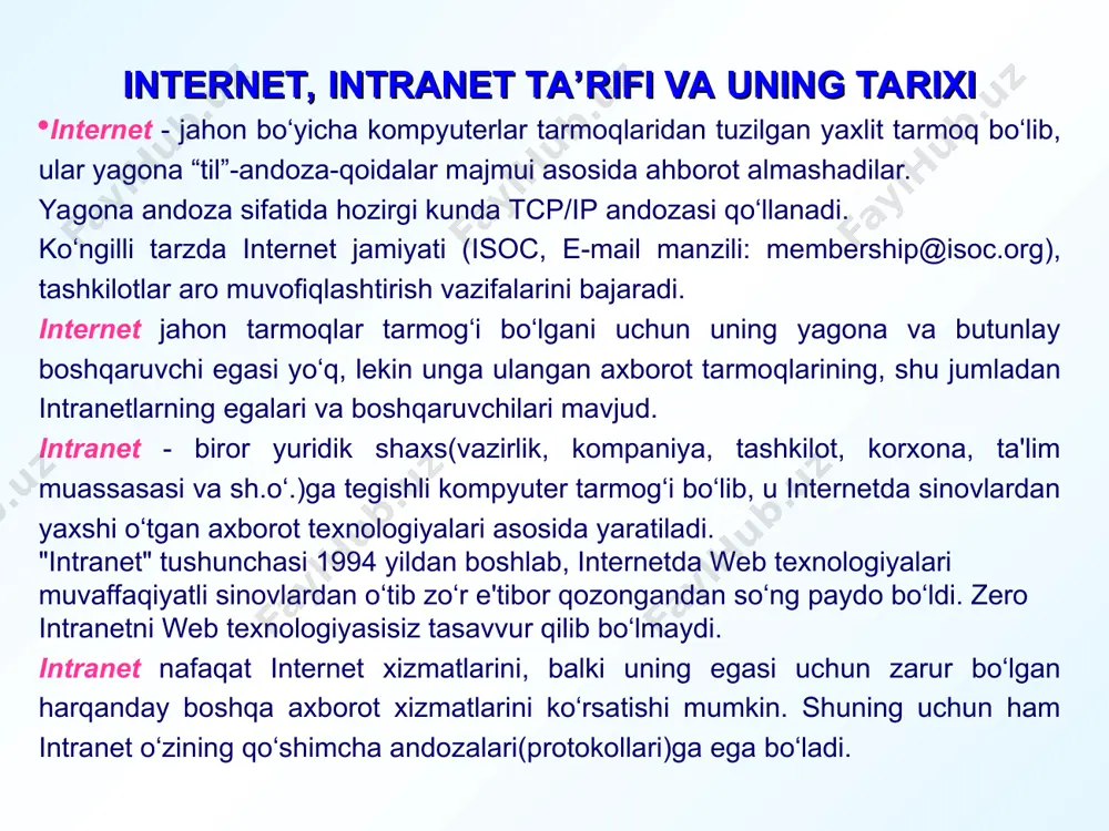 anuvchi axborot tarmog‘ini tanlaganda bu tarmoq internet xizmatlaridan qaysi turlaridan foydalanish imkoniyatini yaratishga qodir ekaniga alohida e’tibor berishi lozim. 1994 yil o‘rtalarigacha keng foydalanuvchilar ommasi tomonidan internetga qiziqish yo‘q edi, chunki unga ulanish va unda ishlash texnologiyasi oddiy foydalanuvchilar uchun qulay emas edi. internetdan yalpi foydalanishda birinchi qadam web texnologiyasining yuzaga kelishi bo‘ldi. web texnologiyasining yaratilishi shaxsiy kompyuter (shk)lar yaratilishiga o‘xshash revolyutsion hodisa deb qaralmoqda. bu texnologiyaning ajoyib tomoni shundaki, ishni kichik sarf-xarajatlardan boshlash mumkin. bunda varaqlovchi dastur (brouzer, navigator) va web - server bo‘lsa kifoya. web -serverni esa tashkilotda bor bo‘lgan kompyuterda qilsa bo‘ladi, va harbir yangi rivojlantirish natijasida salmoqli natijalarga erishish mumkin. shk yaratilguncha ham hisoblash resurslariga bo‘lgan yondoshuv 1-10 mln kishi bo‘lgan bo‘lsa, shk yaratilgandan so‘ng foydalanuvchilar soni 10-50 marta ortgan edi. hozirgi kunda jahon bo‘yicha 100-200 mln. shk ishlab turibdi, lekin 100 mln. yer yuzi aholisidan bor yo‘g‘i 2% tini tashkil etadi. web texnologiya yaratilishi bilan …