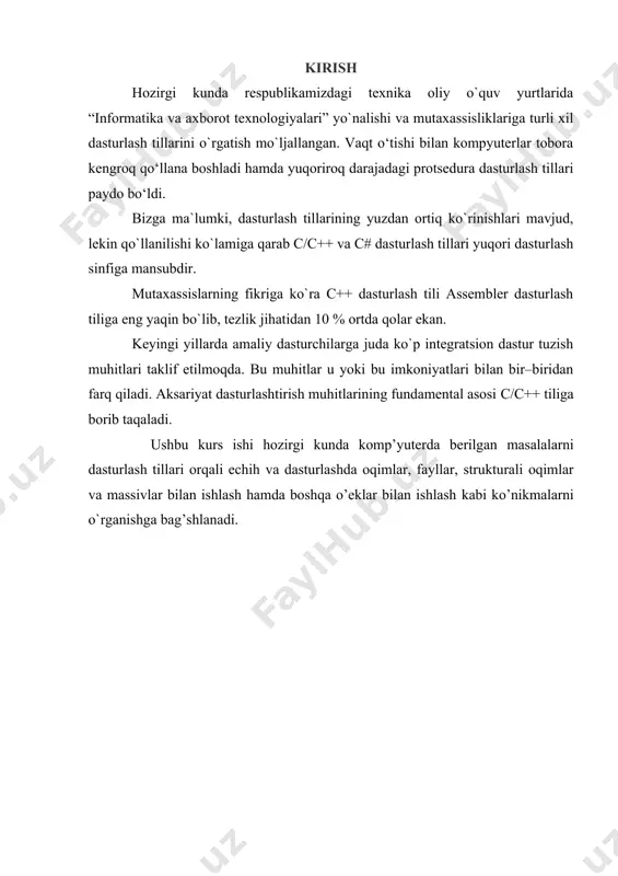'lumot almashinishi uchun foydalaniladi. c ++ tili bibliotekasida kiritish – chiqarish, quyi darajadagi kiritish, chiqarish va portlar uchun kiritish – chiqarish, oqimli daraja tizim hususiyatlariga bog’lik bulishi uchun bu erda qaralmaydi. oqimli chiqarish va kiritishda ma'lumotlar bilan almashish baytma-bat amalga oshiriladi. lekin tashki hotira qurilmalari bilan almashish oldidan belgilangan ma'lumotlar bloki orqali amalga oshiriladi odatda u blokning minimal hajmi 512 yoki 1024 baytga teng bo’ladi. diskga o’qilishda ma'lumotlar operatsion qatordagi buferi yoziladi so’ngra baytma bayt buferga yig’iladi, so’ngra diskka har bir murojaat qilinganda yagona blok sifatida uzatiladi. shuning uchun ma'lumot almashishi diskka to’g’ridan to’g’ri murojaat qilishiga ko’ra tezroq amalga oshadi. shunday qilib oqim bu bu buferlash vositalari va fayldir. oqim bilan ishlashda qo’yidagi vazifalarni bajarish mumkin. - oqimlarni ochish va yopish. - simvol, qator satr ,formatlangan ma'lumot ihtiyoriy uzunlikdagi ma'lumotlarni kiritish yoki chiqarish va fayl ohiriga etganlik shartini tahlil qilish; - buferlash va bufer hajmini boshqarish; - ko’rsatkich oqimdagi o’rnini …