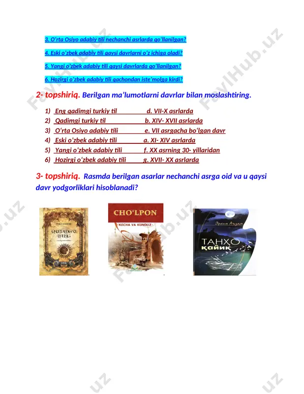 g. 1. modomiki, biz yangi davrga oyoq qo‘ydik, bas, biz har bir yo‘sunda ham shu yangi davrning yangiliklari ketidan ergashamiz va shunga o‘xshash dostonchiliq, ro‘monchiliq va hikoyachiliqlarda ham yangarishg‘a, xalqimizni shu zamonning «tohir-zuhra»lari, «chor darvesh»lari, «farhod-shirin» va «bahromgo‘r»lari bilan tanishdirishka o‘zimizda majburiyat his etamiz. yozmoqqa niyatlanganim ushbu — «o‘tkan kunlar», yangi zamon ro‘monchilig‘i bilan tanishish yo‘lida kichkina bir tajriba, yana to‘g‘risi, bir havasdir. ma’lumki, har bir ishning ham yangi — ibtidoiy davrida talay kamchilik-lar bilan maydong‘a chiqishi, ahllarining yetishmaklari ila sekin-sekin tuzalib, takomulga yuz tutishi tabiiy bir holdir. mana shuning daldasida havasimda jasorat etdim, havaskorlik orqasida kechaturgan qusur va xatolardan cho‘chib turmadim. moziyg‘a qaytib ish ko‘rish xayrlik, deydilar. shunga ko‘ra mavzu’ni moziydan, yaqin o‘tkan kunlardan, tari-ximizning eng kirlik, qora kunlari bo‘lg‘an keyingi «xon zamonlari»dan belguladim. 5- topshiriq. jadvalda keltirilgan soʻzlarni bugungi kundagi muqobilini toping. budun sandilach erik bilig ingek sandugʻach koʻkramak yagʻi batsiq boʻgu qirgʻilach koʻch oʻkush koʻni elig oʻz …