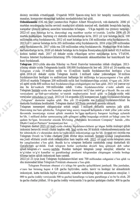 uniladi. unutmaslik kerakki, ma’lum bir shaxs tomonidan internet tizimiga qo‘yiladigan ma’lumotlar boshqa shaxslar yoki ijtimoiy guruhlar tomonidan turli maqsadlarda ham foydalaniilishi mumkin. shu jumladan ma’naviyat va ma’rifatga zid ham bo‘lishi mumkin. ijtimoiy tarmoqlardan foydalanilganda u erdagi ma’lumotlarning haqqoniyligiga, sizni aldashmayotganligiga iqror bo‘lib, so‘ngra ma’lum bir qarorga kelish kerak. twitter (talaffuzi: tvitter) — onlayn ijtimoiy-axborot xizmati. twitter qoʻllanuvchilariga 140 ta harf qoʻllanishga imkoniyat beradi. shu kunlarda twitter dunyodagi eng muhim ijtimoiy- axborot tarmogʻiga aylanib ulgurgan. twitter maʼlumot almashishda eng operativ qurollardan biri boʻlganligi uchun bu sohada u katta inqilobga sabab boʻldi. shu bois ham bugungi kunda dunyoda yuz berayotgan siyosiy va ijtimoiy oʻzgarishlarga twitter katta rol oʻynamoqda twitter 2006-yil mart oyida jek dorsey tarafidan yaratilgan. jek dorsey ushbu mikroblog orqali oʻzining ilk xabarini yoʻllagan edi. dorseyning 2006-yilning 21-martida san- fransiskodagi hamkasblariga joʻnatgan ushbu xabari qisqagina „hamkasblarga taklif“ jumlasidan tashkil topgan edi. keyingi uch yil ichida twitter orqali joʻnatilgan tvitlar — 140 …