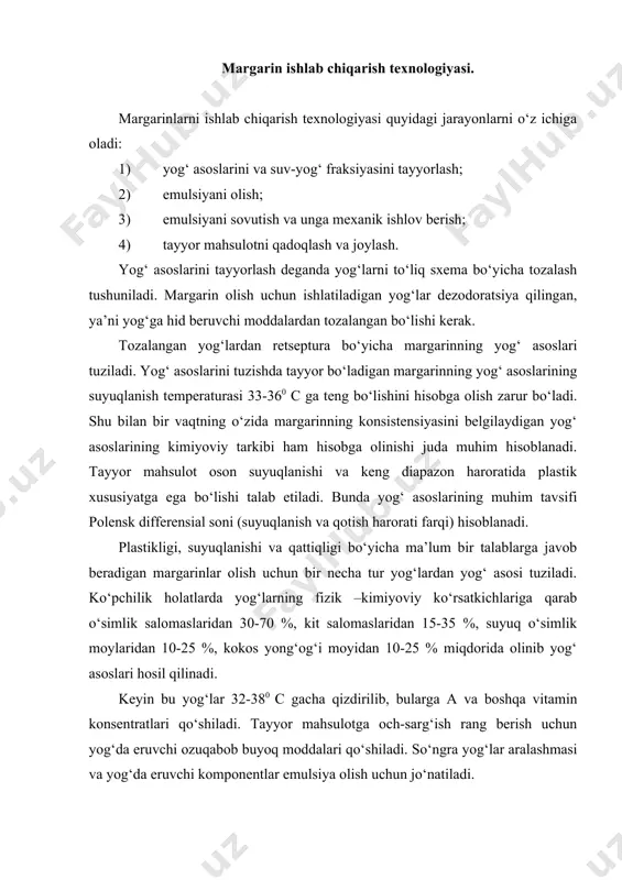 dalari qo‘shiladi. so‘ngra yog‘lar aralashmasi va yog‘da eruvchi komponentlar emulsiya olish uchun jo‘natiladi. emulsiya olish uchun asosiy xom ashyo sut hisoblanadi. sut o‘ziga xos tabiiy ta’m va hidga egadir. lekin tabiiy sutdagi aromatik moddalar margarinning yoqimli hidini ta’minlash uchun yetarli emas. sha sababli sut aromat va kislota hosil qiluvchi sut kislotasi bakteriyalarining toza tomizg‘isidan qo‘shilib, maxsus vannalarda 9-12 soat davomida achitiladi. ko‘rsatilgan vaqt davomida sutda sut kilotali bijg‘ishning borishi natijasida sut kislotasi va boshqa bir qancha uchuvchan aromatik moddalar hosil bo‘ladi. achish jarayonida hosil bo‘ladigan va margarinning o‘ziga xos hidini ta’minlaydigan moddalardan biri ikkiatsetil (сн3сососн3) hisoblanadi. shunday qilib, sut kislotali bijg‘ish natijasida sutning ta’mi va hidi shakllanadi. qandlavlagi shakari retseptura bo‘yicha sutni tayyorlashgacha qo‘shiladi. osh tuzi retseptura bo‘yicha eritma holatida qo‘shiladi. margarinning ta’mini va aromatini ko‘chaytirish uchun suv-sut fazasiga yoki yog‘ asoslariga eritilgan sariyog‘ yoki sintetik aromatizator qo‘shiladi. margarinning yog‘ va suv-sut fraksiyasi tayyor mahsulotda bir tekis tarqalgan bo‘lishi kerak. …