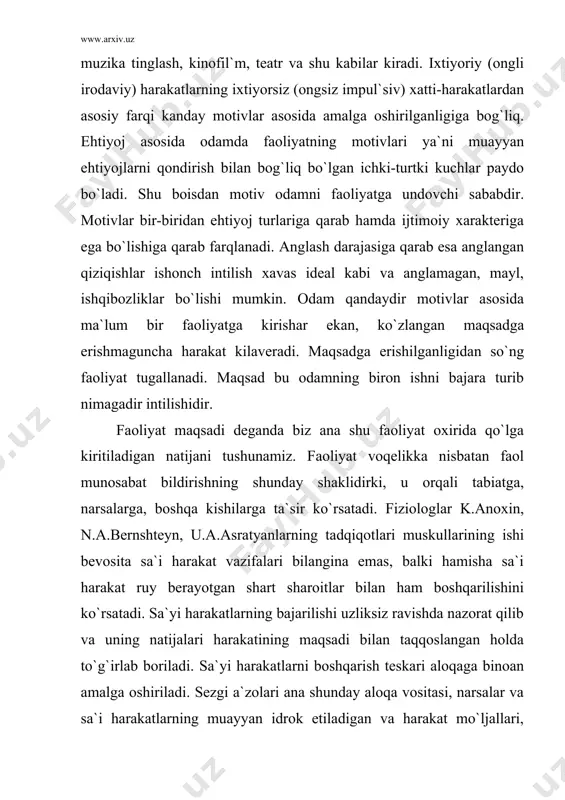 osiy turlari. pedagogik faoliyat xaqida tushuncha. faoliyat hamisha kishining boshqa odamlar munosabati sistemasida yuz beradi. u boshqa odamlarning yordami va ishtirokini taqoza etadi, ya`ni birgalikdagi faoliyat xususiyatiga ega bo`ladi. faoliyatning quyidagi turlari mavjud: 1. o`yin; 2. mehnat; 3. ta`lim. bola faoliyatining oddiy shakllarini o`zlashtirish uchun dastlabki shart - sharoitlar tarkib topa boshlaydi. ulardan birinchisi o`yin faoliyati hisoblanadi. o`yin faoliyati bilan organizmda kuch-quvvat almashinuvi o`rtasidagi bog`lanish o`yinga nisbatan mayillik tug`ilishiga olib keladi. tadqiqotlar shuni ko`rsatdiki, o`yin bolalarda ham o`z faoliyatini ruyobga chiqarish shakli, hayot kechirish va faoliyat ko`rsatish shakli bo`lib xizmat qiladi. faoliyatga bo`lgan ehtiyoj uning ko`zg`atuvchisi bo`lsa taqlid qilish va tajriba esa manbai hisoblanadi. faoliyatning alohida turi bola hayotida sodir bo`ladigan vaqt ham etib keladi. bu maqsadi bevosita muayyan axborotni harakatlarni xulq-atvor shakllarini o`zlashtirishga qaratilgan faoliyatdir. sub`ektning o`rganishini o`ziga maqsad qilib olgan bunday o`ziga xos faoliyat ta`lim deb ataladi. ta`lim quyidagilardan tarkib topadi. 1. bilim axborotni o`zlashtirilishi. 2. faoliyatning ana …